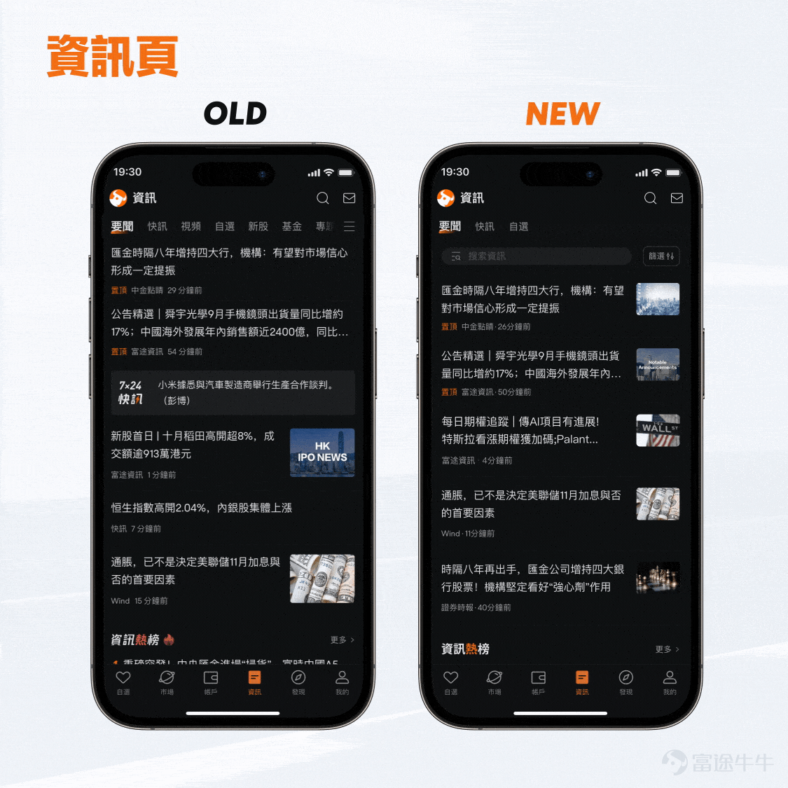 親愛的牛友們，大家好～ 經過反覆的推敲和打磨，牛牛APP終於迎來了全新的界面體驗升級[加油呀] 這次升級的目標是提升牛牛的易用性：無論你是投資新手還是高手，都能輕鬆自如地使用牛牛。 我們相信，每一個簡化的步驟、每一次流暢的互動，都將為你帶來更多便利，讓你輕鬆把握每一個投資機會。 接下來就請跟隨我們的步伐，探索焕然一新的牛牛頁面～ 市場：從宏觀分析到潛力相關資產，全面探索股市異動 「全球市場都在發生什麼」，是牛友們在市場頁面最想看到的信息。 所以我們新增了【概況】欄目，用來總覽全球行情； 而原本【機會】欄目下的熱力圖、財報日曆等工具，已經搬到【美股】等細分市場欄目中。 概況：發現全球行情變化 1、匯集全球市場指數，全球市場狀況一目了然 2、可查看指數期貨、商品期貨、外匯、債券的即時變動 美股等分市場欄目：一站式追蹤市場潛力股 你可以透過熱力圖、財報站、經濟日曆、特色榜單等投資工具，深入挖掘該市場的投資機會。 個股：分類清晰，常用功能易發現 個股頁信息太多，想要的信息不知道該在哪裡找？ 在新版頁面中，我們將功能信息重新分類，為你帶來更流暢的使用體驗~ 原有的【...
