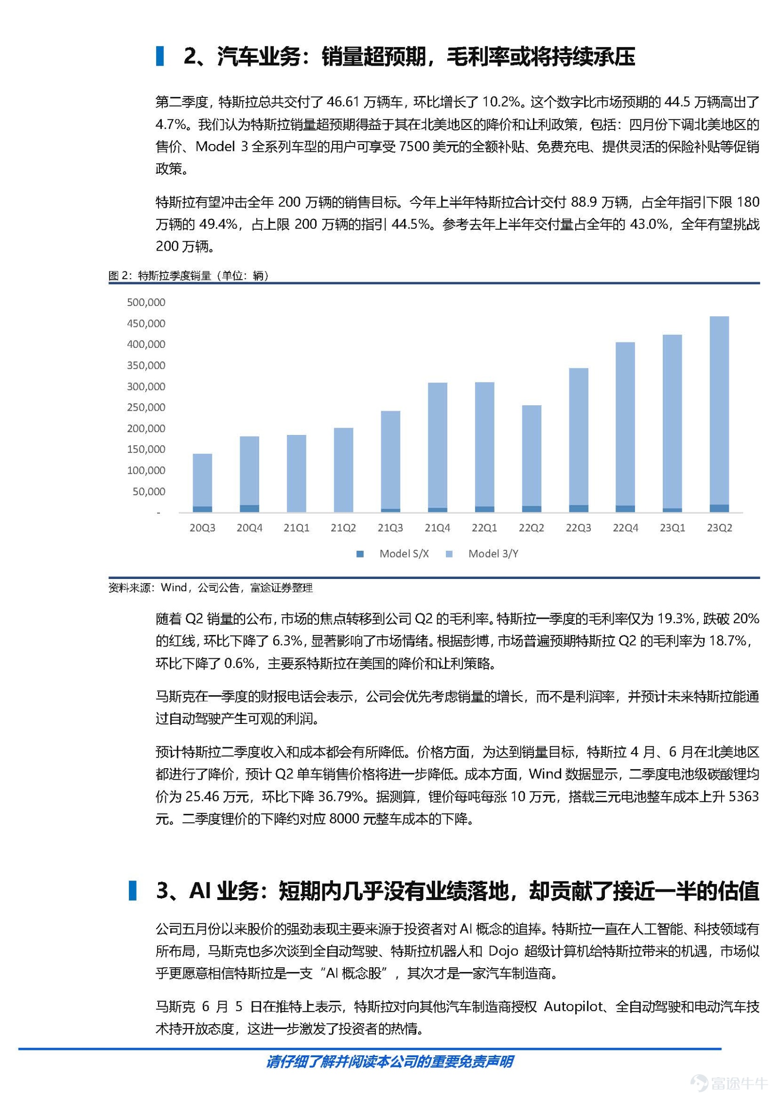 事件 特斯拉將於美國東部時間 7月 19 日美國股市收盤後（北京時間 7月 20 日）發佈 2023年第二季度財報。 核心觀點 1、汽車業務： 銷量超預期，毛利率或將持續承壓 第二季度，特斯拉總共交付了46.61 萬輛車，環比增長了 10.2% 。這個數字比市場預期的 44.5 萬輛高出了 4.7% 。我們認爲特斯拉銷量超預期得益於其在北美地區的降價和讓利政策 ，包括：四月份下調北美地區的售價、 Model 3 全系列車型的用戶可享受 7500 美元的全額補貼、免費充電、提供靈活的保險補貼等促銷政策。 隨着 Q2 銷量的公佈，市場的焦點轉移到公司 Q2 的毛利率。特斯拉一季度的毛利率僅爲 19.3%，跌破 20% 的紅線，環比下降了 6.3%，顯著影響了市場情緒。根據彭博，市場普遍預期特斯拉 Q2 的毛利率爲 18.7%，環比下降了 0.6%，主要系特斯拉在美國的降價和讓利策略 。 2、AI 業務： 短期內幾乎沒有業績落地，卻貢獻了接近一半的估值 公司五月份以來股價的強勁表現主要來源於投資者對AI 概念的追捧。特斯拉一直在人工智能、科技領域...