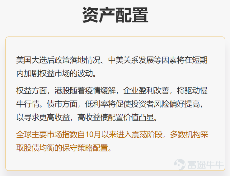 富途大象財富致力於爲用戶精選覆蓋不同資產類別、投資區域、投資主題的優秀基金產品；助力大家多元化配置資產，進退兩宜。  那麼11月份市場環境如何，又有哪些值得關注的基金呢？接下來就爲大家盤點一下！  一、焦點基金盤點 1、易方達(香港）精選亞洲高收益債券 美元份額：$易方達(香港)全球機遇債券基金 (HK0000384492.MF)$  港元份額：$易方達(香港)全球機遇債券基金 (HK0000384526.MF)$  2、匯添富中港策略  美元份額：$匯添富中港策略基金 (HK0000316452.MF)$  港元份額：$匯添富中港策略基金 (HK0000130705.MF)$  3、Fullgoal中國中小盤成長 美元份額：$Fullgoal中國中小盤成長基金 (LU1171460220.MF)$