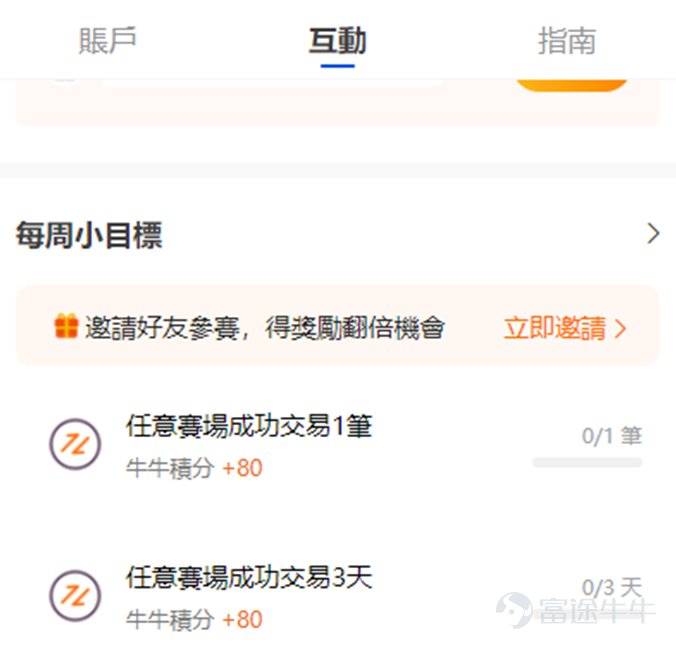 [士兵]時隔一週，模擬周賽又和大家見面了！又可以一起在賽場上叱吒風雲啦~  肯定會有牛友好奇，本次究竟改動了啥呢[疑問]就讓小編給大家娓娓道來：  1、小目標獎勵翻倍門檻降低 [驚訝]此前收到許多牛友的抱怨“哎喲你這個翻倍名額太難拿了，要邀請從沒註冊過的才可以。” 小編偷偷記在心裏，這次！就做了優化[士兵]： 從下週開始，只要邀請“從沒參加過比賽”的牛友參賽，就可以領取翻倍獎勵啦！[禮物]  2、翻倍資格有效期延長第二週 有些牛友阿，獲得了翻倍資格，當週卻忘記去領取翻倍獎勵導致翻倍資格過期，非常可惜！[累] 本次調整，貼心地把翻倍資格有效期延長至獲得翻倍資格的第二週，再也不怕自己忘記領翻倍獎勵啦~[哇]  3、完成小目標可得積分增加 優化前，交易1筆小目標可得10積分，成功交易3天可得50積分。 優化後，交易1筆小目標可得80積分，成功交易3天可得80積分。[利是]  4、新增領取場景 優化前，小目標只可以到比賽活動頁進行領取。 優化後，小目標在賬戶詳情頁也可以領取啦，一鍵拿積分，簡直不要太方便~[耶]  5、小目標改版 改版後的小目標如下，後續還會規劃新的小目標，有想法的牛友們，歡迎把你的想法毫不留情砸向小...