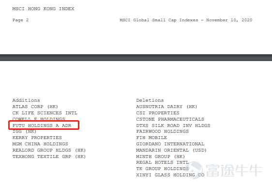 最近，MSCI（明晟）公佈指數成分股半年調整結果，富途控股將正式被納入MSCI香港小型股指數。 該指數調整將於2020年11月30日收市後生效。 看到這條消息你是不是有很多疑問，比如， MSCI指數是什麼？符合什麼標準可以被納入？將對富途帶來哪些影響？ 1.MSCI指數是什麼？  MSCI香港小型股指數是MSCI系列指數的分類指數之一。 MSCI系列指數是由摩根斯坦利國際資本公司編制出數百個指數。 以跟蹤全球75個主要的發達、新興及前沿市場，被大量國際機構投資者作爲投資基準並跟蹤。 MSCI指數已有50年的歷史。 客戶主要包括大型機構投資者、共同基金、投資銀行和交易經紀商、交易所、投資顧問及金融媒體等。  根據中國證監會曾發佈的研究報告： 「MSCI指數具有廣泛的全球影響力，在北美以及亞洲地區，已經有超過90%的機構性國際股本資產是以MSCI指數爲標的。」 MSCI香港小型股指數就是用於追蹤香港上市公司表現的重要指標。  圖｜MSCI半年檢新聞稿 2.富途爲何會被納入MSCI指數？ 讓我們先來看看MSCI的選股步驟和標準： 1...