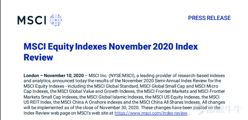 最近，MSCI（明晟）公佈指數成分股半年調整結果，富途控股將正式被納入MSCI香港小型股指數。 該指數調整將於2020年11月30日收市後生效。 看到這條消息你是不是有很多疑問，比如， MSCI指數是什麼？符合什麼標準可以被納入？將對富途帶來哪些影響？ 1.MSCI指數是什麼？  MSCI香港小型股指數是MSCI系列指數的分類指數之一。 MSCI系列指數是由摩根斯坦利國際資本公司編制出數百個指數。 以跟蹤全球75個主要的發達、新興及前沿市場，被大量國際機構投資者作爲投資基準並跟蹤。 MSCI指數已有50年的歷史。 客戶主要包括大型機構投資者、共同基金、投資銀行和交易經紀商、交易所、投資顧問及金融媒體等。  根據中國證監會曾發佈的研究報告： 「MSCI指數具有廣泛的全球影響力，在北美以及亞洲地區，已經有超過90%的機構性國際股本資產是以MSCI指數爲標的。」 MSCI香港小型股指數就是用於追蹤香港上市公司表現的重要指標。  圖｜MSCI半年檢新聞稿 2.富途爲何會被納入MSCI指數？ 讓我們先來看看MSCI的選股步驟和標準： 1...