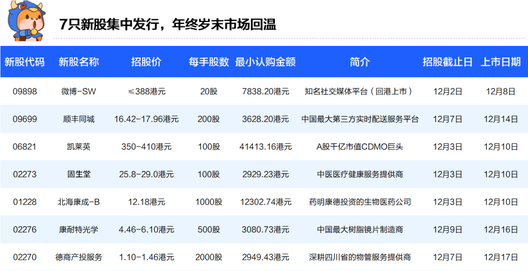 7只新股集中招股，年終歲末市場回溫？