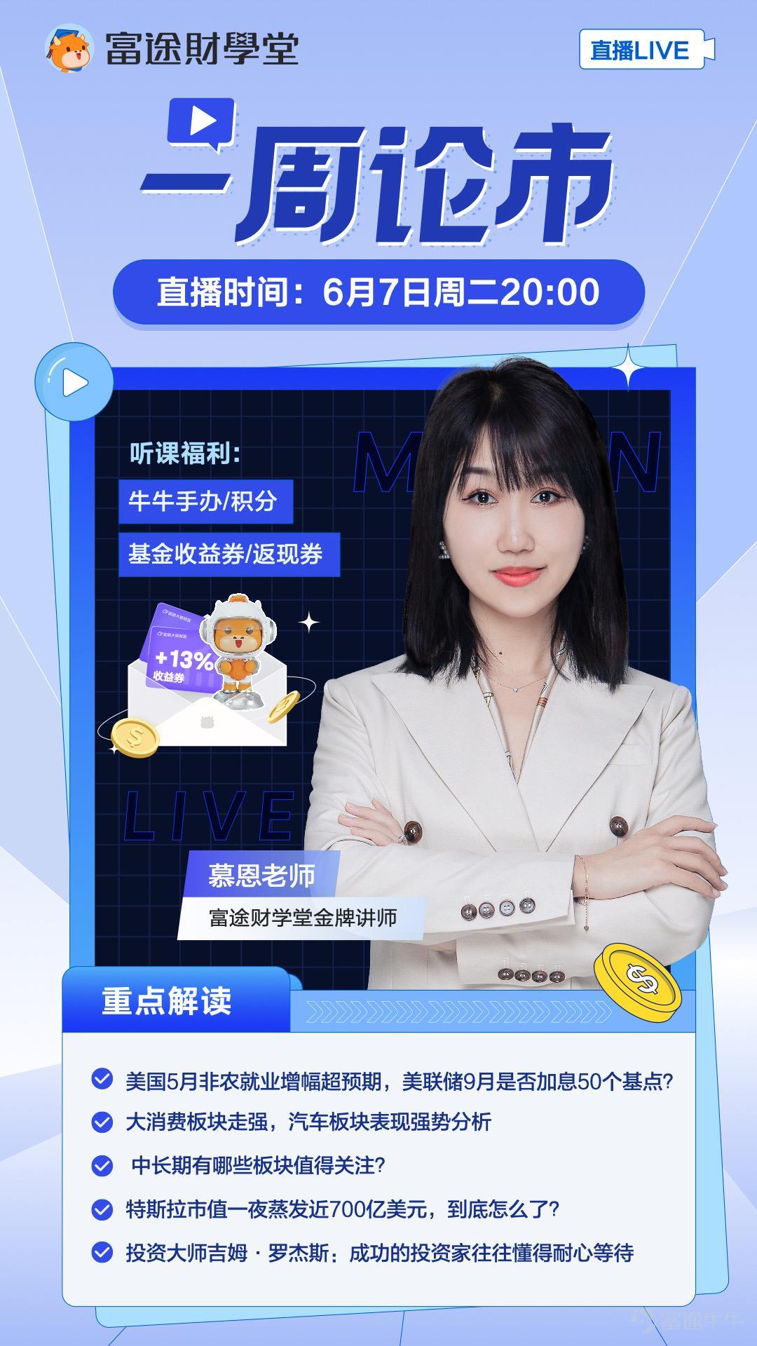先戳“預約"，6月7日20:00點直播，精彩乾貨不容錯過👇👇👇 [話筒]【一週論市】講什麼 每週二直播分享最新【市場動態】【大事件解讀】【投資乾貨】,幫助牛友們輕鬆讀懂財經資訊，理解行情漲跌背後的邏輯，讓投資變得更簡單科學。  [話筒]【一週論市】本期聚焦 1、美國5月非農就業增幅超預期，美聯儲9月是否加息50個基點？ 2、大消費板塊走強，汽車板塊表現強勢分析 3、中長期有哪些板塊值得關注？ 4、特斯拉市值一夜蒸發近700億美元，到底怎麼了？ 5、投資乾貨：投資大師吉姆·羅傑斯：成功的投資家往往懂得耐心等待  [話筒]【一週論市】本期福利 [禮物]學習福利 1、8.8HKD現金券 2、3日13%收益券 ps：參與直播課程，並回復“領券”即可獲得領券資格 [禮物]抽獎福利 1、直播間抽取5名幸運兒，贈送牛牛手辦 2、參與直播互動問答，贈送牛牛積分  [話筒]【一週論市】專屬服務 建立專屬牛牛羣，1v1答疑，為牛友們持續分享投資焦點內容  $特斯拉 (TSLA.US)$$餐飲 (LIST1083.HK)$$太陽能 (LIST2047.US)$$蔚來 (NIO.US)$$嗶哩嗶哩 (BILI.US)$