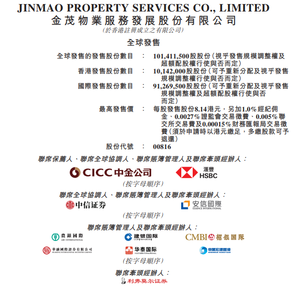 IPO | Jinmao Service will start offering shares now and is expected to go public on March 10