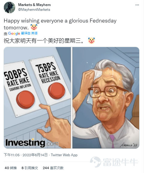 Hello大家好，美股牛仔来啦~ 今天迎来第十一期的内容！ 今日海外投资大V共对9家公司进行了观点分享，想知道大V分析的理由就请跟着牛仔深入了解吧~[色](PS: 文末留言可参与加息预测讨论~）  1. Jim Cramer谈加息 今日市场最热话题无疑是美联储的加息会议，而Jim Cramer对于加息力度的看法肯定不会缺席。Jim Cramer反向指标账号发文称，Cramer对美联储加息的点数将会是“怪物级别”。 第十期的牛仔之声也提到，Cramer呼吁美联储加息100基点，这样市场才能迎来反弹。 要押注加息力度的牛友们不妨参考下~[坏笑]   2. Jim Cramer谈个股 《Mad Money》节目中，Jim Cramer称$Matterport(Delisted) (MTTR.US)$ 正在经历亏损。当被问及$Rivian Automotive (RIVN.US)$ 时，Cramer说$福特汽车 (F.US)$ 股票非常便宜，他们必须出售他们在Rivian的剩余股份，这会是一个更好的选择。 此外，Cram...