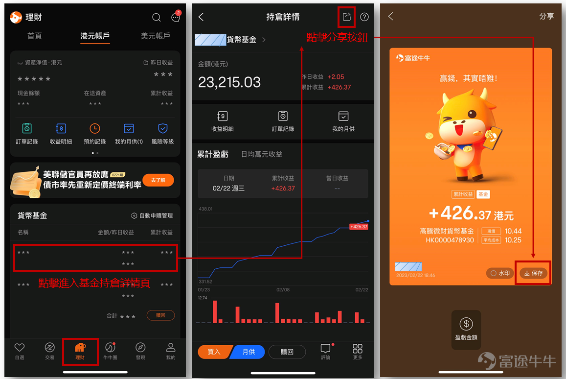 Hi牛友們[得意]！歡迎來到，本期主題是——貨幣基金爲你賺到了多少？ 在詳細介紹活動前，先爲大家奉上與近期貨基收益情況密切相關的訊息： ● 本月相繼發佈的超預期CPI和PPI數據，再次體現通脹壓力，聯儲局加息預期再度升溫；一般而言，美元貨基會受益於加息，相關標的的收益率值得關注。 ● 今年來港美元利差較大，港元貨基的收益率一度落後美元貨基超1%。近期香港金管局入市干預，港元對美元匯率開始有所回升。 ● 有研究員認爲，雖短期內港元匯率仍然承壓，但隨着港美利差再度收斂，跨境資本流動形勢將逐漸穩定，港元匯率也將趨穩。這是過去幾輪聯儲局貨幣政策調整週期中曾多次發生過的情形，對此應客觀理性看待。 你是否了解上述貨幣基金相關的資訊？你目前持有的是哪個幣種的貨幣基金、它們爲你賺到了多少？下一步你又準備如何操作？點擊下方圖片即刻曬單、分享心得↓↓↓ 你可以分享： 1、當前，你持有的是什麼幣種的貨幣基金、賺了多少錢？總共投資了多少&多久？ 2、針對貨幣基金配置，你的下一步策略是什麼？  【活動獎勵】 1、參與獎（不限）：曬出你在貨幣基金上賺到的收益+tag上相關基金代碼...