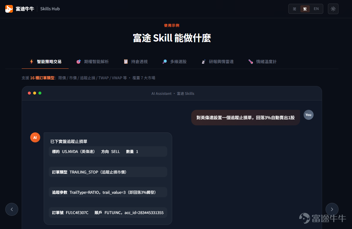還在靠人力翻資訊、手動看盤、反覆選股、熬夜寫策略、滯後決策？現在，富途 Skill Hub重磅登場，把行情、交易、選股、期權、持倉、資訊、輿情完整鏈路全部打通 [打call][打call] 它的核心極其簡單：讓你用說話的方式，做專業的事。把投資從信息 → 分析 → 情緒 → 交易 → 持倉→ 復盤→ 一句話跑通！ 🌍 全場景 Skill 矩陣｜一整套 AI 技能，連社區情緒都幫你「睇穿」 投資不是只看行情，更要看得全、判得準、做得穩、跟得上市場情緒。 通過 Skill Hub，你不再是零散操作，而是在構建一套自己的投資操作系統，你都可以用這些Skill 自由組合搭建。 🧱 模塊化能力，自由拼湊你的投資工作流程  📈 分析流（ 看資訊 →選好股  → 抓獨家情緒拐點 ）  ⚡ 策略回測 & 交易流：從想法，到自動執行（做策略  → 更多期權數據、智能剖析 →AI改良 →自動交易）   🧪 持倉風險管理&Demo實驗流：讓策略可驗證、可進化 ；而且不只是看收益，更要看清配置好風險結構，驗證策略有效性（AI生成可視化...