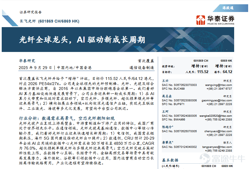 長飛光纖（601869.SH）作爲全球光纖光纜行業的領軍者，自2025年初至今股價累計漲幅超10倍，市值突破3000億元。 公開資料顯示，天風證券、華泰證券等多家券商在長飛光纖股價低位時發佈看多研報、挖掘公司價值，看好AI 算力基礎設施快速發展背景下，公司業務迎來新一輪成長週期。 十倍股：長飛光纖市值突破3000億 長飛光纖股價持續表現強勢。2025年，長飛光纖股價上漲290.92%。2026年以來，長飛光纖延續強勢表現，截至4月10日收盤，公司股價年內上漲230.34%。自2025年以來，公司股價已累計上漲近12倍，市值超過3000億元。 近日披露的2025年業績顯示，長飛光纖2025年實現營收142.52億元，同比上升16.85%；實現歸母淨利潤8.14億元，同比上升20.4%。 天風證券、華泰證券等低位挖掘長飛光纖投資價值 值得注意的是，根據不完全統計，長飛光纖2025年股價底部位置時，包括天風證券、華泰證券、瑞銀證券、民生證券、華鑫證券在內的多家機構曾發佈關於該股的看多研報。 天風證券研究員王奕...