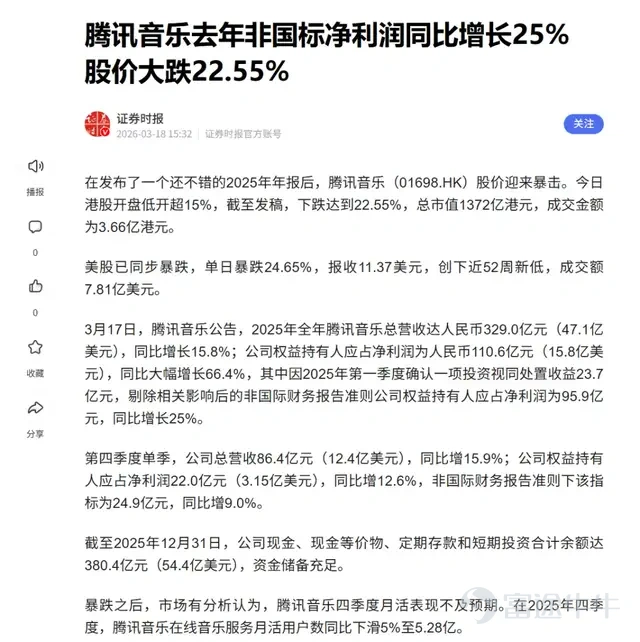 On March 18, Tencent released its Q4 and full-year financial report for 2025.The report showed that in Q4 of 2025, Tencent’s total revenue reached 194.371 billion yuan, a year-on-year increase of 13%; gross profit was 108.289 billion yuan, a year-on-year increase of 19%; operating profit under non-IFRS standards was 69.518 billion yuan, a year-on-year increase of 17%. Both revenue and net profit exceeded market expectations. Tencent’s management stated that the company’s core business meets multiple resilience criteria and is highly defensive. On one hand, the performance exceeded expectations; on the other hand, there is the potential threat of AI. The day before Tencent released its earnings report, Tencent Music released a decent earnings report but saw its stock price plummet. Recently, Tencent’s stock price has been hovering at a low level. The rapid development of AI technology is not a good thing for all major tech companies.The development of AI has disrupted all stable expectations. Below is the Q&A transcript from Tencent’s earnings call last night. Q&A Q: What will be the impact of AI investment on profits and profit margins in 2026, and how are resource priorities managed given GPU and AI talent constraints? A: Revenue growth in 2026 may outpace profit growth due to increased investment in new AI products. Management is comfortable with this outcome, believing that AI products can expand user reach and create new value. Some products have already shown a good product-market fit. Regarding AI talent, we have built a top-tier global and domestic team for HunYuan through competitive compensation, culture, and leadership, ensuring team stability. Subsequent efforts will...