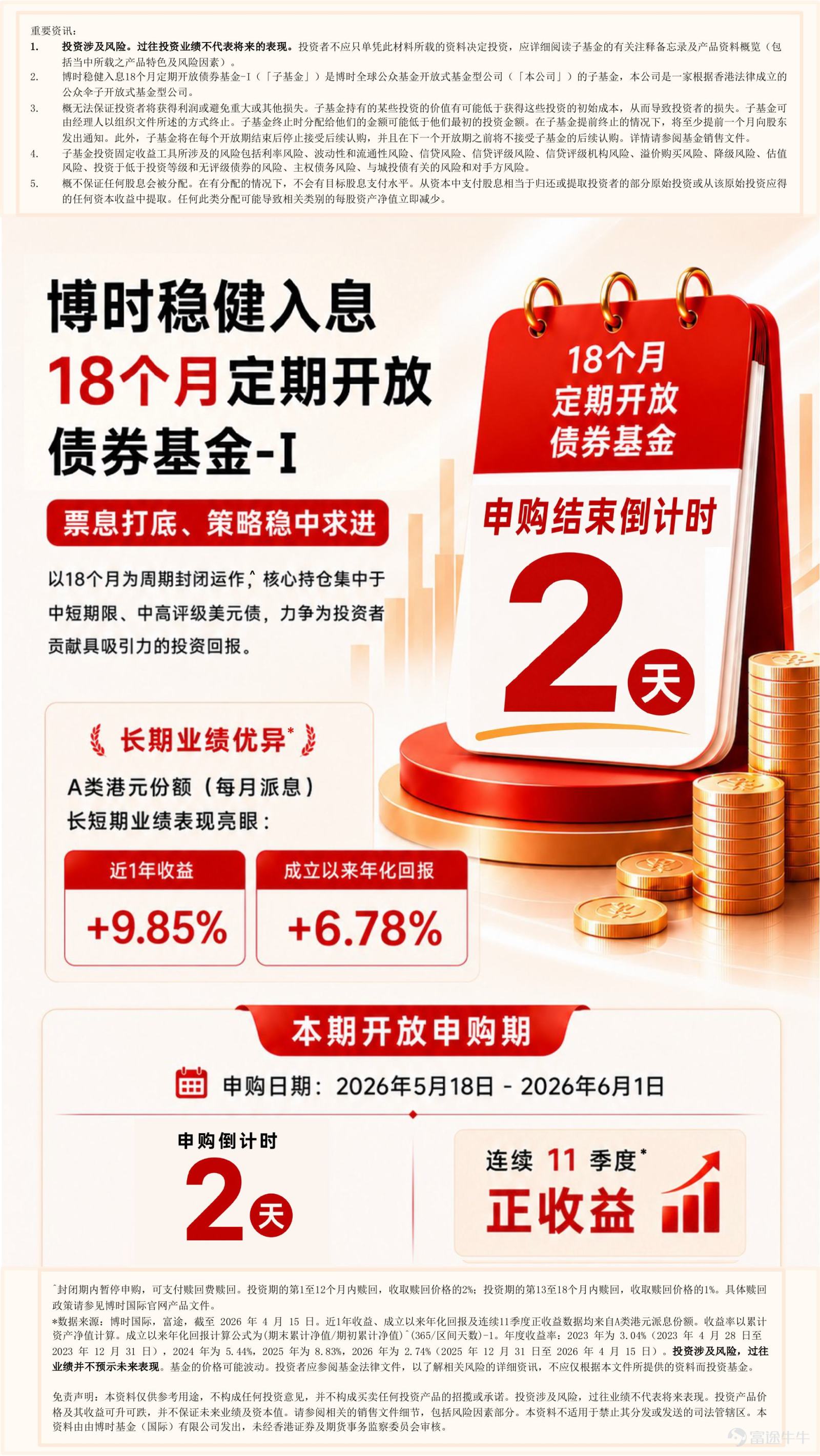 $博時穩健入息18個月定期開放債券基金-Ⅰ MDis (HK0000811072.MF)$$博時穩健入息18個月定期開放債券基金-IMDis (HK0000919685.MF)$ 博時穩健入息18個月定期開放債券基金-I 發售期結束倒計時2天，2026年度唯一買入機會！ ✅ 近1年收益 +9.85%* ✅ 成立以來年化回報 +6.78%* ✅ 連續11季度取得正收益* 發售期：2026年5月18日－2026年6月1日
