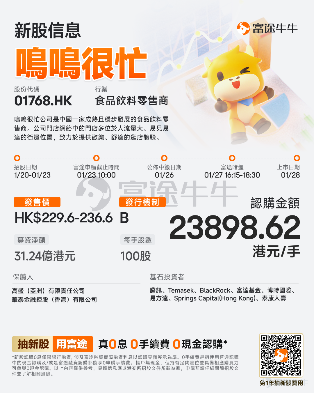 Futu Information, January 20th update,$BUSYMING (01768.HK)$Announcement issued: bookbuilding will take place from January 20th to January 23rd. The company plans to offer approximately 14,101,100 shares globally, with an expected listing date of January 28th. Company Overview The company is a mature and steadily growing food and beverage retailer in China. Most of its stores in the network are located in high-traffic, easily accessible street-side locations, aiming to provide a joyful and comfortable shopping experience. The company offers a wide variety of products with excellent value for money and frequent updates. Its founding stems from the founder’s adoption of a bulk retail model*, aimed at meeting the public's demand for quality yet affordable snacks. Through supply chain restructuring and continuous improvement of product mix, it has enriched its product offerings and redefined the retail pricing system. The unique expertise accumulated by the company in the snack sector also benefits other categories, allowing it to expand into a broader range of products. As of September 30, 2025, the company operates a network of 19,517 stores covering 28 provinces across China and all tiers of cities, with about 59% of its stores located in counties and towns. Financial Overview Revenue increased from RMB 4,285.7 million in 2022 to RMB 10,295.3 million in 2023, and further grew to RMB 39,343.5 million in 2024, 2...