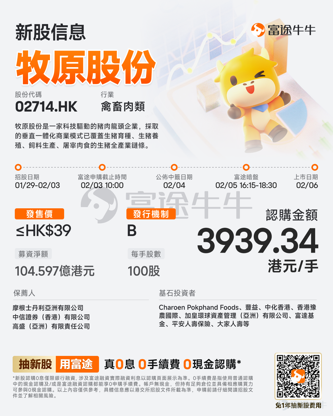 富途資訊1月29日消息， $牧原股份 (02714.HK)$發佈公告，於1月29日-2月3日招股，公司擬全球發售約2.74億股股份，預期將於2026年2月6日上市。 公司概況 牧原股份是一家科技驅動的豬肉龍頭企業，是智慧生豬養殖的領航者。憑藉30多年的深厚經驗，公司成爲生豬養殖行業的領導者，採取的垂直一體化商業模式已覆蓋生豬育種、生豬養殖、飼料生產、屠宰肉食的生豬全產業鏈條。根據弗若斯特沙利文統計，自 2021 年起，按生豬產能及出欄量計量，公司是全球第一大生豬養殖企業，生豬出欄量連續四年全球第一。按生豬出欄量計算，公司的全球市場份額從 2021 年的 2.6% 增長到 2024 年的 5.6%，於 2024 年已經超過第二至第四的市場參與者的合計市場份額數。 在繼續夯實生豬養殖的領先地位的同時，公司自 2019 年開始進軍生豬屠宰肉食業務，以增強公司全產業鏈運營的優勢。根據弗若斯特沙利文統計，按屠宰頭數計量，公司於 2024 年的屠宰與肉食業務位列全球第五、中國第一。按照收入...