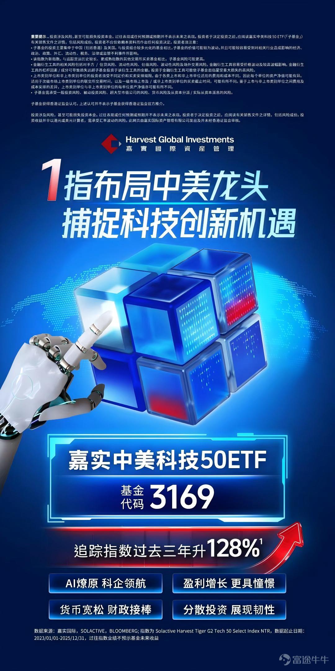 当下，AI无疑是全球科技浪潮的核心。麦肯锡研究显示，AI对全球经济的潜在影响高达17.1万亿至25.6万亿美元，仅生成式AI每年就能为全球经济增加2.6万亿至4.4万亿美元的价值。 在这一轮由AI开启的新周期中，全球科技版图并非单一引擎驱动，而是由中、美两国在不同生态位上形成互补，共同构建了完整的创新闭环。 因此，对投资者而言，同时配置中美科技资产，既能抓住AI底层技术突破的爆发力，又能充分享受应用落地的广阔空间，真正完整把握这一轮AI浪潮的全部红利。 在此背景下，嘉实国际推出了 $嘉实中美科技50 ETF (03169.HK)$ ，让投资者可以一键布局中美科技龙头，捕捉全球创新机遇。 一、发行概况 二、核心投资看点 2.1 配置均衡：62%港股+38%美股 嘉实中美科技50 ETF跟踪的指数是Solactive Harvest Tiger G2 Tech 50 Select Index（下简称“G2 Tech 50指数”），代码为SOLGT50N。 该指数旨在捕捉中美两大经济体中最具代表性的科技公司表现，通过市值与...