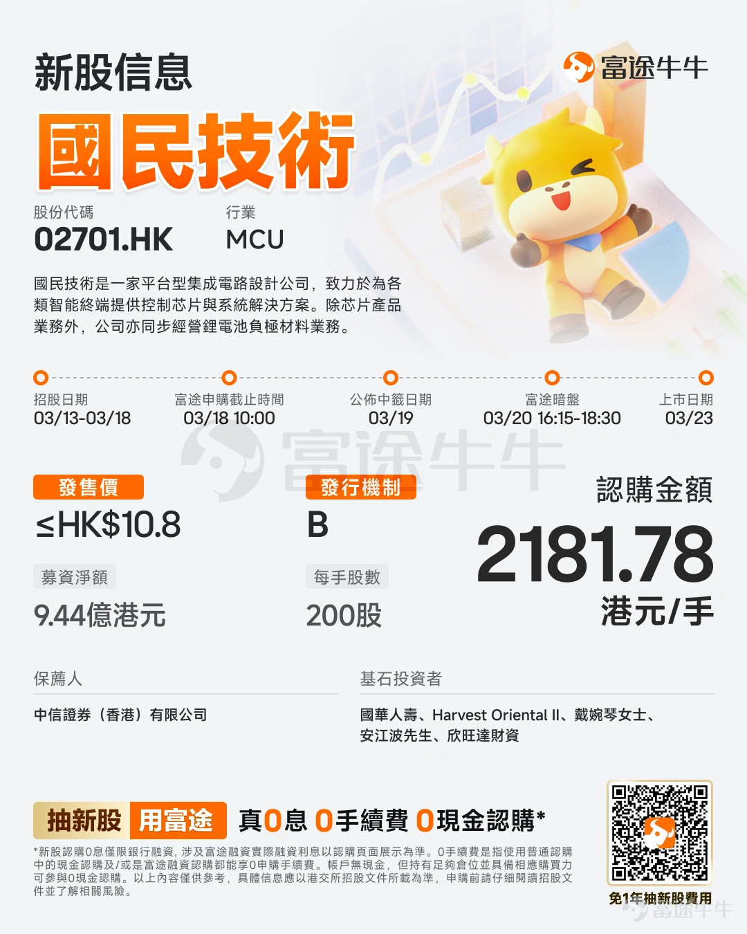 富途資訊3月13日消息, $國民技術 (02701.HK)$ 發佈公告,於3月13日-3月18日招股,公司擬全球發售約9500萬股股份,預期將於3月23日上市。 公司概況 國民技術是一家平台型集成電路設計公司,致力於爲各類智能終端提供控制芯片與系統解決方案。在芯片產品業務下,公司構建了在消費電子、工業控制和數字能源、智慧家居、汽車電子與醫療電子多個關鍵領域廣泛應用的多元化產品組合。 除芯片產品業務外,公司亦同步經營鋰電池負極材料業務。公司的鋰電池負極材料業務以人造石墨爲核心,並探索硅碳複合材料及硬碳結構等多技術路線,廣泛應用於新能源汽車、儲能系統與便攜式設備,客戶覆蓋行業主流電池廠。 此外,公司在金融支付安全與計算終端安全領域也佔據顯著份額。公司的專業市場芯片廣泛應用於USBKey、金融支付終端、二維碼支付、生物識別支付等金融支付領域,根據灼識諮詢的資料,其中在USBKey市場連續多年市佔率第一。根據灼識諮詢的資料,公司的可信計算芯片產品已廣泛應用於企業級計算機、服務器、工業控制電腦等嵌入...