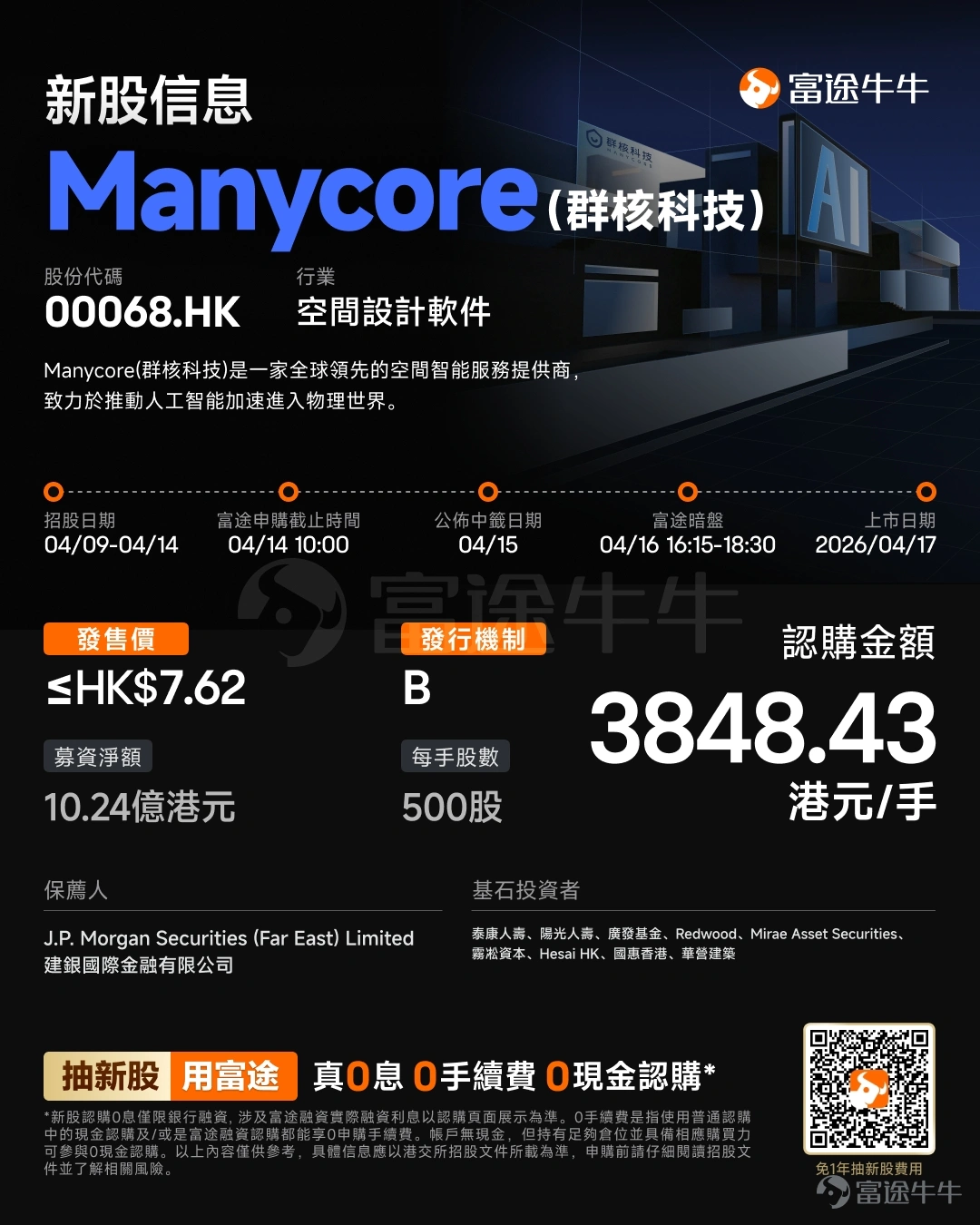 富途資訊4月9日消息,$群核科技 (00068.HK)$發佈公告,於4月9日-4月14日招股,公司擬全球發售約1.61億股股份,預期將於4月17日上市。 公司概況 Manycore Tech Inc.(群核科技)是全球領先的空間智能服務提供商,基於GPU實現對物理世界的計算和模擬,構建了”空間編輯工具-空間數據-空間大模型”的業務飛輪,致力於推動人工智能加速進入物理世界。公司產品矩陣包括中國最大的空間設計平台酷家樂及其海外版Coohom,以及面向室內環境AI開發的新一代空間智能解決方案——群核空間智能平台SpatialVerse。SpatialVerse利用逼真且物理正確的合成3D數據集加速人工智能開發。 公司自主研發了空間語言模型SpatialLM與空間生成模型SpatialGen等空間大模型系統,使人工智能系統能夠理解、推理和生成三維環境。目前公司技術及產品被廣泛應用於空間設計、具身智能訓練、電子商務產品展示等場景,在幫助人們實現三維空間設計想象...