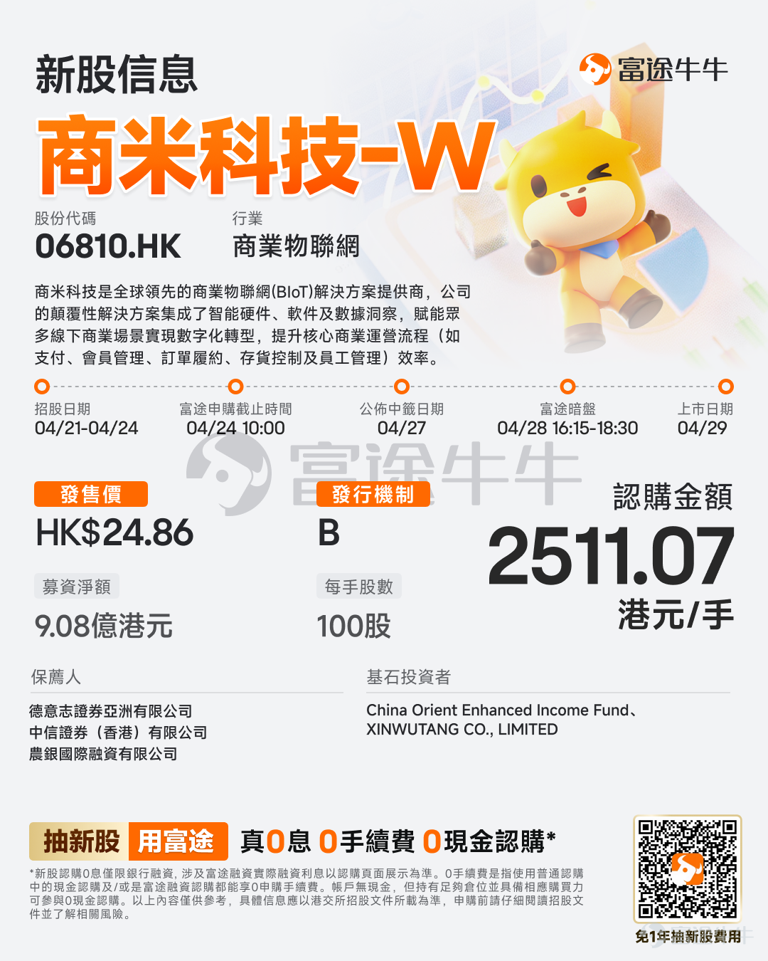 Futu Information reported on April 21st$SUNMI TECH-W (06810.HK)$The company announced that the IPO subscription will take place from April 21 to April 24. The company plans to offer approximately 42,626,800 shares globally and expects to be listed on April 29. Company Overview The company is a global leader in Business IoT (BIoT) solutions. Its disruptive solutions integrate smart hardware, software, and data insights, empowering numerous offline business scenarios to undergo digital transformation and enhancing the efficiency of core business operations such as payment, membership management, order fulfillment, inventory control, and employee management. The company’s BIoT solutions mainly include smart devices and the BIoT PaaS platform. Each smart device is powered by the company's professional commercial operating system (SUNMI OS), enabling merchants to efficiently manage and optimize their transactions and operations. The BIoT PaaS platform provides unified software infrastructure equipped with ready-to-use development tools, allowing merchants and developers to efficiently develop, manage, and upgrade specific vertical scenario software applications for smart devices. As of December 31, 2025, the company recorded over 200 million cumulative downloads of applications on the SUNMI app market. Financial Summary Revenue increased from RMB 3,070.5 million in 2023 to RMB 3,456.4 million in 2024...