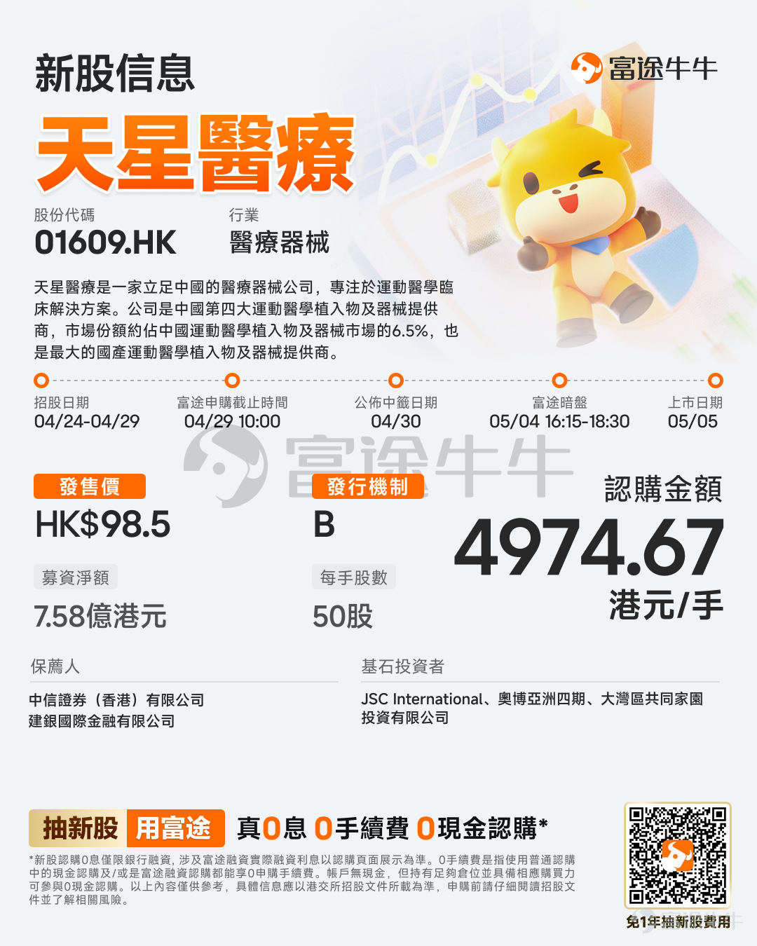 富途資訊4月24日消息，$天星醫療 (01609.HK)$發佈公告，於4月24日-4月29日招股，公司擬全球發售約842.19萬股股份，預期將於5月5日上市。 公司概況 公司是一家立足中國的醫療器械公司，專注於運動醫學臨床解決方案。據灼識諮詢數據，按2024年銷售收入計，公司是中國第四大運動醫學植入物及器械提供商，市場份額約佔中國運動醫學植入物及器械市場的6.5%，也是最大的國產運動醫學植入物及器械提供商。 依託自主研發的植入物、有源設備、相關耗材及手術工具，公司提供肩袖、韌帶、半月板等軟組織損傷治療，也提供運動康復及預防的全方位解決方案。 財務概況 收入由2023年的人民幣238.5百萬元增至2024年的人民幣327.1百萬元，並進一步增至2025年的人民幣402.8百萬元。於2023年、2024年及2025年，公司的毛利分別爲人民幣177.3百萬元、人民幣227.6百萬元及人民幣298.6百萬元，而毛利率分別爲74.3%、69.6%及74.1%。 籌資用途 資用途方面，天星醫療預計將收...