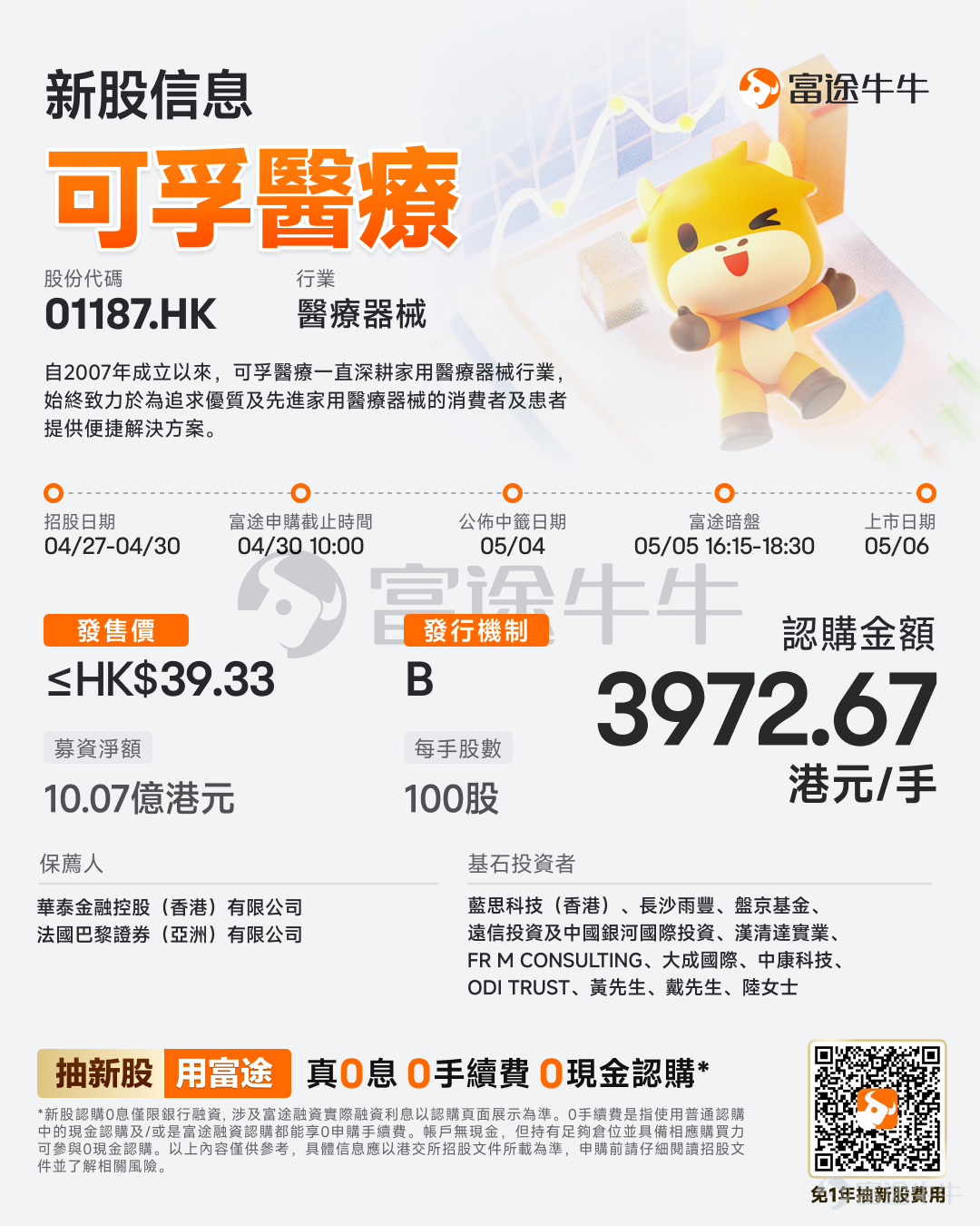 Futu News April 27 update, $COFOE MEDICAL (01187.HK)$ The company announced the offering will take place from April 27 to April 30. It plans to offer approximately 27 million shares globally, with an expected listing date of May 6. Company Overview Cofoe Medical is a home medical device company in China. According to Frost & Sullivan, based on domestic revenue in 2024, the company ranks second among all home medical device companies in China, with a market share of 2.1%. The global home medical device industry is highly competitive, particularly in sectors like home rehabilitation aids, home respiratory support products, and home medical care consumables. With a leading product portfolio that includes over 200 types of products and tens of thousands of product specifications, Cofoe Medical can effectively meet the needs of family members across different age groups. Furthermore, the company's proven track record demonstrates its ability to win consumer trust, making it the preferred supplier for evolving home care needs throughout various stages of life. Since its inception, the company has been committed to building and improving its sales network, which it views as a key pillar of business success, as convenience and efficient accessibility are among the core demands of consumers and patients. Financial Summary For the fiscal years ended December 31, 2023, 2024, and 2025, Cofoe Medical's revenues were RMB 285.37 million, RMB 2...