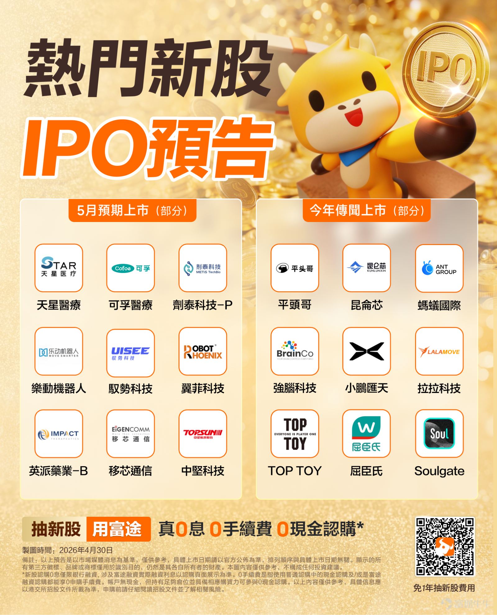 Hello fellow investors! Your dedicated Futu IPO correspondent is here with the scoop on May’s and 2026’s hot HK IPOs. Fellow investors, check it out now![Cheerlead][Cheerlead] Jet Tech:$METIS TECHBIO-P (07666.HK)$A leader in artificial intelligence nanomaterials innovation, committed to the delivery and application of payloads across all forms of life. NanoForge is the cornerstone of the company’s proprietary, synergistically integrated AI-driven nanotechnology innovation system, encompassing a vast lipid library generated from scratch, AI foundational models, METiS AI agents, quantum chemistry and molecular dynamics simulations, and an AI-powered high-throughput screening platform. Tianxing Medical:$STAR SPORTS MED (01609.HK)$A China-based medical device company focused on clinical solutions in sports medicine. According to CIC Consulting data, based on 2024 sales revenue, the company ranks as the fourth-largest provider of sports medicine equipment in China, holding approximately 6.5% of the Chinese sports medicine implants and devices market, and is also the largest domestic provider of sports medicine equipment. Cofoe Healthcare:$COFOE MEDICAL (01187.HK)$One of the largest home medical device enterprises in China. According to Frost & Sullivan, based on domestic revenue in 2024, the company ranks second among all home medical device companies in China, with a market share of 2.1%. $UISEE TECH (01511.HK)$: According to HKEX on April 19th...