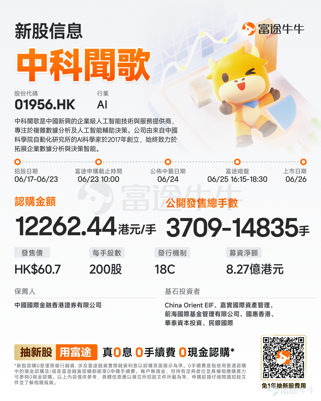 富途資訊6月17日消息， $中科聞歌 (01956.HK)$ 發佈公告，於6月17日-6月23日招股，公司擬全球發售約1483.46萬股股份，預期將於6月26日上市。 公司概況 中科聞歌是中國新興的企業級人工智能技術與服務提供商，專注於複雜數據分析及人工智能輔助決策。公司由來自中國科學院自動化研究所的AI科學家於2017年創立，始終致力於拓展企業數據分析與決策智能。 公司自主研發核心人工智能能力，並提供全棧式人工智能服務矩陣。公司的能力涵蓋數據治理、領域知識管理、大語言及多模態模型訓練、決策自動化與評估，以及低代碼人工智能應用開發。通過公司的軟件平台進行深度整合，這些能力提升了公司企業級產品的性能、可靠性與安全性。 中科聞歌專注於企業級大模型驅動的決策智能，並在開放環境中開發了基於智能體的決策評估體系。依託於多模態深度語義理解、社會計算增強的垂直領域建模，以及知識增強的預訓練大模型等核心技術，公司的研究成果已成功應用於衆多複雜的決策制定與政策推演場景。 財務概況 2023年...