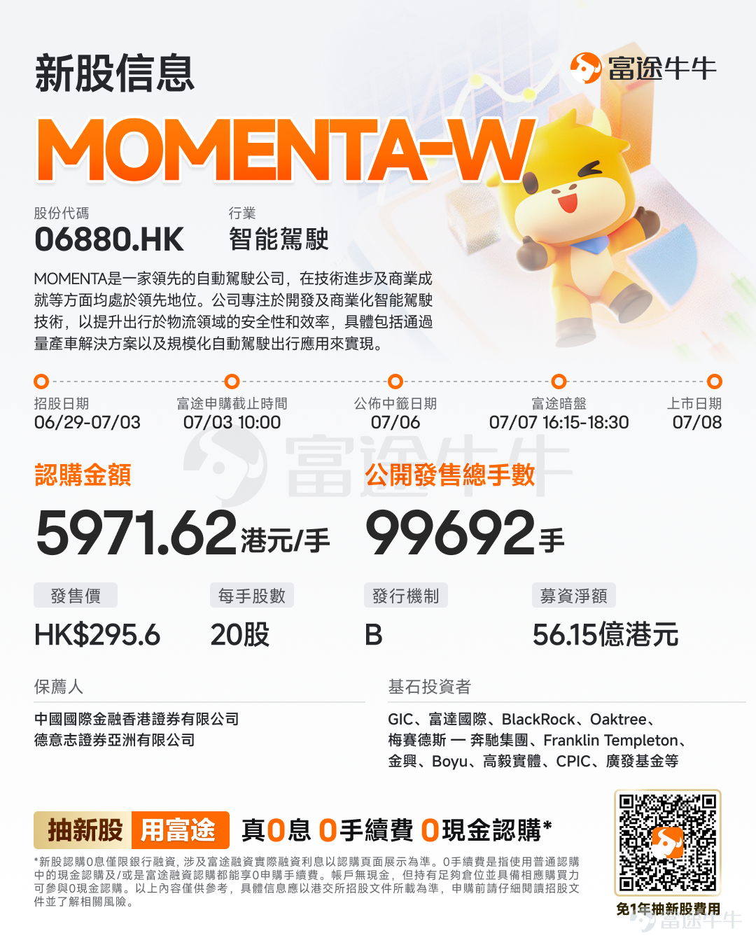 富途資訊6月29日消息， $MOMENTA-W (06880.HK)$ 發佈公告，於6月29日-7月3日招股，公司擬全球發售約1993.83萬股股份，預期將於7月8日上市。 公司概況 MOMENTA是一家領先的自動駕駛公司，在技術進步及商業成就等方面均處於領先地位。根據灼識諮詢的資料，無論是以截至2026年2月28日止過去十二個月搭載公司城市NOA解決方案的車輛銷量，還是以截至2026年2月28日搭載公司城市NOA解決方案的累計量產車型款數計算，公司在全球所有獨立智能駕駛解決方案提供商中均排名第一。 公司專注於開發及商業化智能駕駛技術，以提升出行於物流領域的安全性和效率，具體包括通過量產車解決方案以及規模化自動駕駛出行應用來實現。公司目前正處於部署L3/L4級自動駕駛解決方案的早期階段，並正持續向更高級別的自動化演進。多年來，公司實現了一系列行業首創，重新定義了量產智能駕駛解決方案的能力邊界。 財務概況 MOMENTA的收入由2023年的人民幣742.7百萬元增加78.4%至...