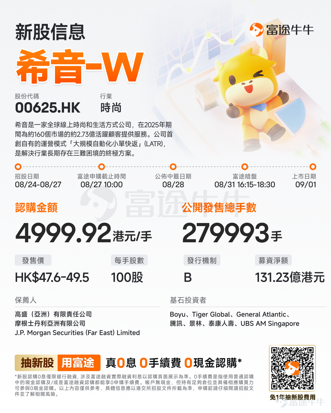 富途資訊8月24日消息， $希音-W (00625.HK)$ 發佈公告，於8月24日-8月27日招股，公司擬全球發售約2.8億股股份，預期將於9月1日上市。 公司概況 希音是一家全球線上時尚和生活方式公司，在2025年期間爲約160個市場的約2.73億活躍顧客提供服務。公司通過提供豐富多樣、高度包容、不斷上新且極具性價比的產品，滿足了消費者的多元化需求，重新塑造了消費者追求時尚的方式。 公司首創自有的運營模式「大規模自動化小單快返」(LATR)，是解決行業長期存在三難困境的終極方案。該模式使公司能夠在商品選品多樣性、設計上新速度與存貨管理效率之間實現最佳平衡。公司擁有一個全球的合作伙伴網絡。隨着公司使供應鏈更加敏捷、強大和穩健，公司賦能合作伙伴與公司共同發展和成長。 財務概況 近年來，希音的淨收入大幅增長，2023年、2024年和2025年分別爲321億美元、387億美元和418億美元。2023年、2024年和2025年，公司的淨利潤分別爲27.89億美元、33.65億美元和20.64...