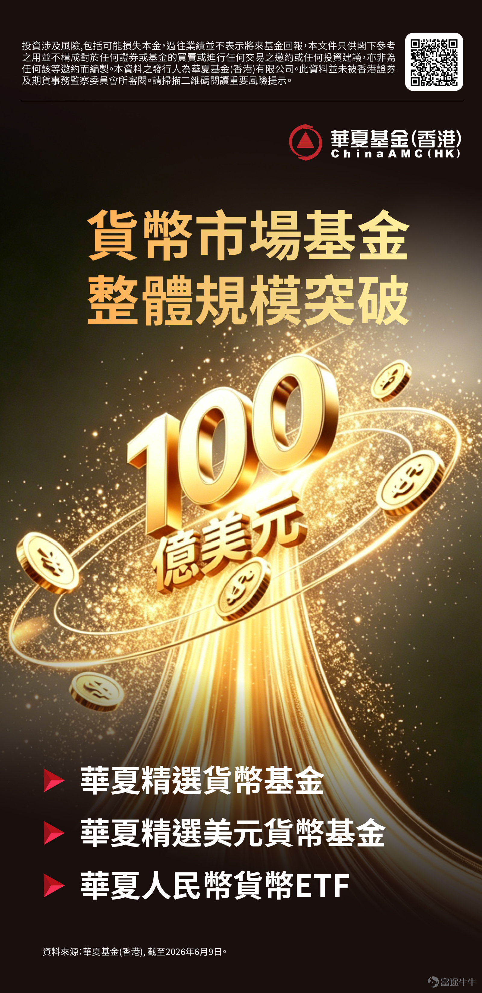 截至2026年6月5日，華夏精選貨幣基金系列（港元/美元/人民幣）總規模突破100億美元，再創新里程碑。 在當前   宏觀環境複雜、市場波動加劇的背景下，貨幣基金作為資產“壓艙石”，具有核心配置價值。  一、當前市場環境下貨幣基金的配置邏輯 1.     宏觀層面：高利率+高波動，現金為王 上週五，美國5月非農就業新增17.2萬，遠超預期，失業率持平於4.3%。 就業韌性超出預期，市場對短期內降息的預期進一步降溫，美聯儲大概率維持“Higher for Longer”，高利率窗口將持續更長時間。 同時，中東局勢升級，原油價格回升至97美元/桶，全球股市明顯調整（根據2026年6月8日當日收市數據，日經跌3.85%、韓國綜指跌8.29%、恆生跌1.22%），整體避險需求顯著上升。 貨幣基金作為低風險、高流動性工具，既能鎖定較存款更優的收益，又能保持組合靈活性以應對市場可能的進一步波動。  2. 產品層面：流動性高、申贖靈活、門檻低 作為現金管理工具，貨幣基金普遍具有以下優勢： •	支持T+0或T+1贖回，免收或低收申贖費;  •	認購起點較低，適...