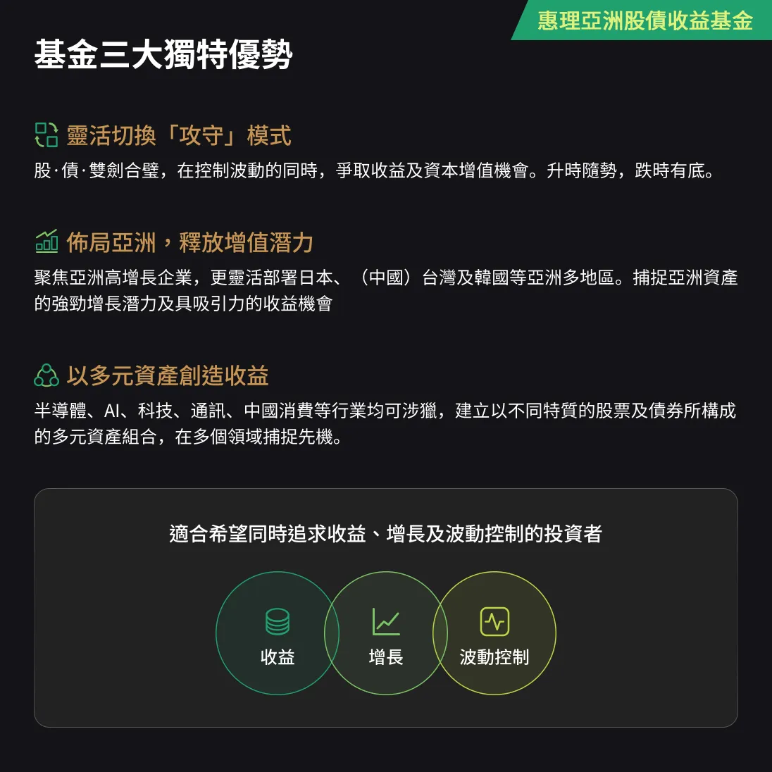 基金三大獨特優勢適合投資者希望同時追求:收益,增長及波動控制