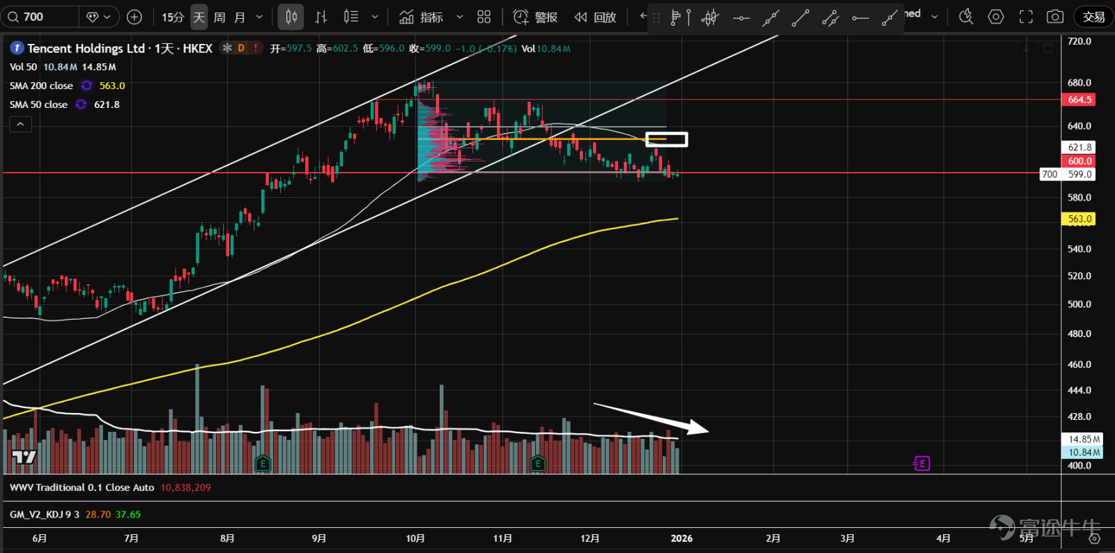 1、 $Alibaba (BABA.US)$ The stock is undergoing a triangle consolidation and has found support at the 50% retracement level of the previous trend. Currently, the price is experiencing narrow-range fluctuations with diminishing volume near the apex, showing no clear signs of a breakout due to insufficient demand, which suggests a potential downward breakout.  2、 $Baidu (BIDU.US)$ Since October, the stock has been trapped in a range-bound movement and is currently facing resistance around the gap at 132. The price failed to break through despite higher trading volumes, resulting in an upper shadow before retreating. If it falls back into the value area, the sideways movement may continue.  3、 $Bilibili (BILI.US)$ The stock has again approached support near the 24.35 axis, which also corresponds to the upper boundary of the value area (VAH) from July to September. Compared to the first decline toward this level in November, trading volumes have significantly contracted, suggesting that the market may stabilize gradually going forward.  4、 $Futu Holdings Ltd (FUTU.US)$ Since August, the stock has entered a horizontal consolidation phase, forming a P-shaped volume distribution indicating increased divergence between buyers and sellers at higher levels. The current price hovers near the control point of volume (orange line), showing unclear directionality; overall volumes are gradually declining, implying potential accumulation.  5、 $PDD Holdings (PDD.US)$ In 2024, the stock entered a large consolidation range. In mid-to-late December, there was a false breakout with high volume near the 109.45 axis within the range. Yesterday, the price retested support, closing with a long lower shadow and significantly reduced volume. A second test...
