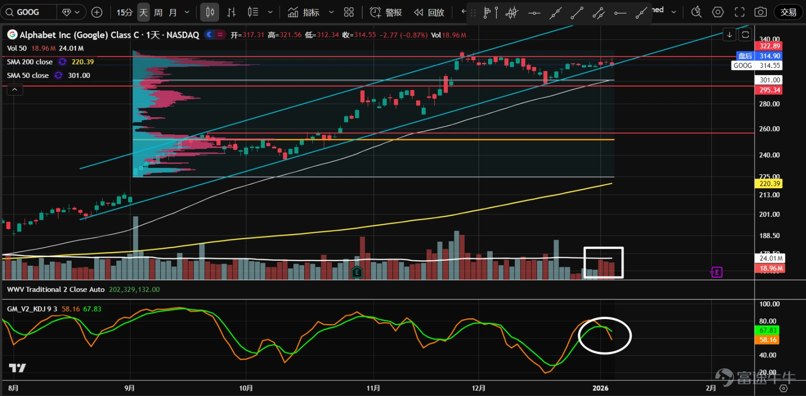 1、七大科技股ETF( $Roundhill Magnificent Seven ETF (MAGS.US)$ )在12月底一度突破價值區間上沿,但因需求不足,已回落至區間內。目前在成交量控制點(橙線)附近震盪,成交量開始放大,建議觀望。 2、 $英偉達 (NVDA.US)$ 橫盤震盪中,目前在挑戰194.5的阻力位。最近成交量持續擴大,雖然K線收陰線且收在低位,但連續幾日收盤價接近,且沒有大幅下跌跟隨,多頭可能正在吸收浮籌。 3、 $微軟 (MSFT.US)$ 再度接近前低477.6一帶的支撐,K線出現早晨之星組合,成交量逐步放大,整體量能小於11月跌到該位置時的表現。可能是二次測試,股價或將企穩。 4、 $蘋果 (AAPL.US)$ 已形成P型成交量分佈。高位盤整以來,一度圍繞成交量控制點(橙線)震盪。最近幾日連續下跌,接近258的軸線位,併到達低成交量節點。成交量在逐步擴大,可能將企穩。 5、 $亞馬遜 (AMZN.US)$ 在盤整區間夾角位置向上放量突破,再度站在235軸線位和價值區間...