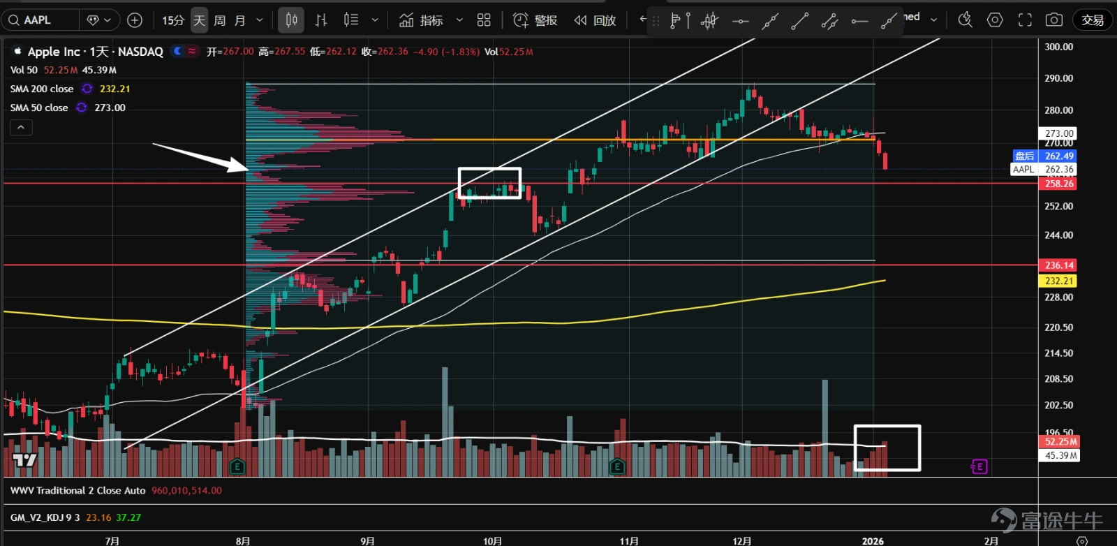 1、七大科技股ETF( $Roundhill Magnificent Seven ETF (MAGS.US)$ )在12月底一度突破價值區間上沿,但因需求不足,已回落至區間內。目前在成交量控制點(橙線)附近震盪,成交量開始放大,建議觀望。 2、 $英偉達 (NVDA.US)$ 橫盤震盪中,目前在挑戰194.5的阻力位。最近成交量持續擴大,雖然K線收陰線且收在低位,但連續幾日收盤價接近,且沒有大幅下跌跟隨,多頭可能正在吸收浮籌。 3、 $微軟 (MSFT.US)$ 再度接近前低477.6一帶的支撐,K線出現早晨之星組合,成交量逐步放大,整體量能小於11月跌到該位置時的表現。可能是二次測試,股價或將企穩。 4、 $蘋果 (AAPL.US)$ 已形成P型成交量分佈。高位盤整以來,一度圍繞成交量控制點(橙線)震盪。最近幾日連續下跌,接近258的軸線位,併到達低成交量節點。成交量在逐步擴大,可能將企穩。 5、 $亞馬遜 (AMZN.US)$ 在盤整區間夾角位置向上放量突破,再度站在235軸線位和價值區間...