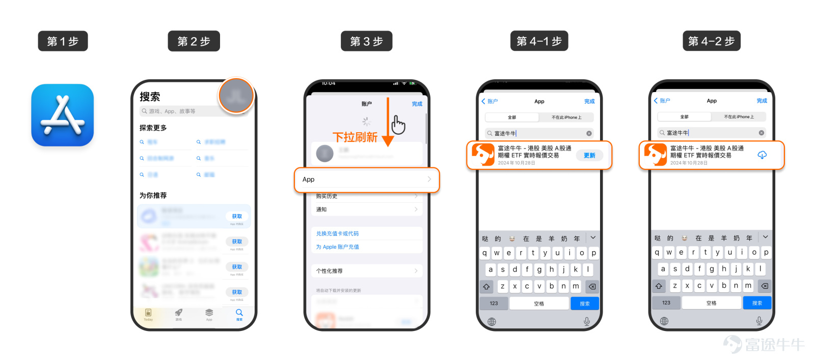 尊敬的用戶您好，富途擬於2023年5月19日起在中國境內應用商店下架富途牛牛App。 此次調整不影響存量境內客戶和用戶繼續使用富途牛牛App。存量境內客戶仍可通過富途牛牛App進行交易，相關服務和業務均不受影響。富途牛牛App僅在中國境內應用商店下架，在香港及其他海外市場應用商店不受影響，仍可正常提供更新及下載服務。未來，富途將繼續全力服務好所有存量境內客戶，爲所有存量境內客戶提供優質的產品、服務及客戶體驗。 本指引只適用於存量境內用戶，存量境內用戶更新/安裝富途牛牛App的相關操作如下。 一、蘋果手機 可通過App Store更新/安裝富途牛牛App，包括自動更新、手動更新/安裝兩種方式。 方式1：自動更新 打開【設置】-【App Store】-【App更新】，打開其中的【App更新】開關，即可實現富途牛牛App的自動更新。 注意： 1）該方式下，您手機上的所有App均爲自動更新； 2）若您誤刪了富途牛牛App，請參考後面的「方式2：手動更新/安裝」進行安裝。 方式2：手動更新/安裝 打開【App Store】，點擊右上角頭像進入【帳戶】頁...