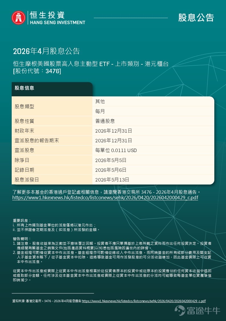 [仅供香港投资者参考] ----------------------------------------------- 2026年4月 $恒生摩根美国股票高入息主动型 ETF (03476.HK)$ 股息公告 -------------------------------------------- 恒生投资ETF一览 $盈富基金 (02800.HK)$$恒生中国企业 (02828.HK)$$恒生科技ETF (03032.HK)$$恒生高息股 (03466.HK)$$恒生摩根美国股票高入息主动型 ETF (03476.HK)$$黄金ETF-恒生 (03170.HK)$$恒生标普五百 (03195.HK)$$恒生日本东证一百 (03410.HK)$$恒生招商七十美债 (03435.HK)$$恒生招商一三美债 (03436.HK)$$恒生A股龙头 (03128.HK)$$恒生富时中国50 (02838.HK)$$恒生沪深三百 (03130.HK)$$恒生人币金ETF (83168.HK)$$恒生A股低碳 (03038.HK)$ ...