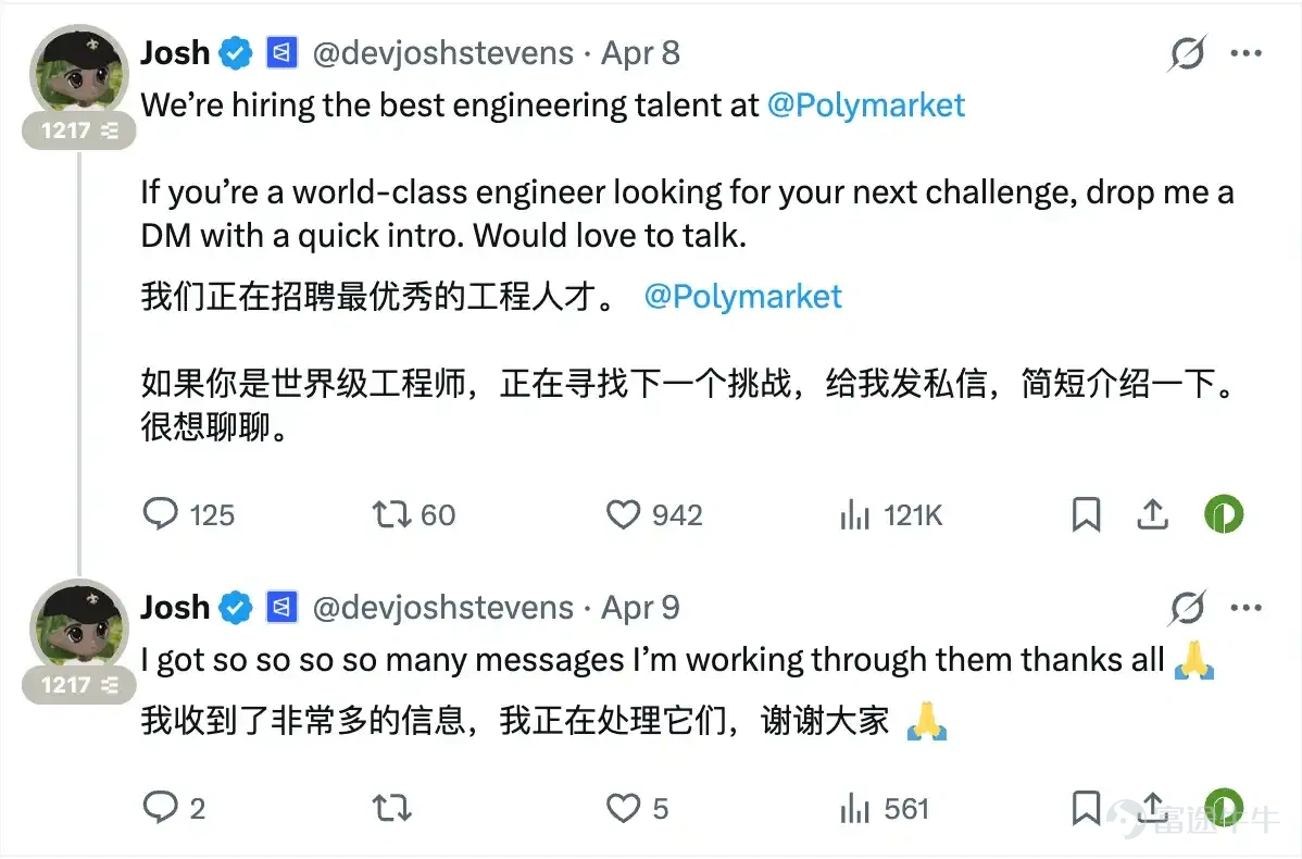 Polymarket is accelerating its talent expansion to address competitive pressures. Following Kalshi's recent funding round at a $22 billion valuation, Polymarket has acquired companies like Dome, Brahma, and Lunch to bring in key technical personnel and recruitment resources. It has also hired several executives from Aave, Coinbase, Fanatics, and Citadel, covering areas such as design, engineering, legal compliance, sports betting, and institutional liquidity. The platform has re-entered the U.S. market via QCX while simultaneously strengthening its regulatory response capabilities and expanding into new directions like sports betting and AI engineering. This move reflects how prediction markets are shifting from product competition to a broader contest of comprehensive capabilities, especially in compliance adaptation, institutional access, and cross-industry talent integration. Author: Wenser (@wenser2010) Source: Odaily Planet Daily (@OdailyChina) After Kalshi completed a new round of financing in March with a valuation of $22 billion, one of the twin giants of the prediction market, Polymarket, couldn't sit still. Apart from the news that it was previously seeking financing at a $20 billion valuation, Polymarket has been actively recruiting for platform development and business expansion. From the list of new members recently joining Polymarket, we might be able to get a glimpse of this once...