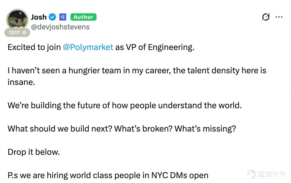Polymarket is accelerating its talent expansion to address competitive pressures. Following Kalshi's recent funding round at a $22 billion valuation, Polymarket has acquired companies like Dome, Brahma, and Lunch to bring in key technical personnel and recruitment resources. It has also hired several executives from Aave, Coinbase, Fanatics, and Citadel, covering areas such as design, engineering, legal compliance, sports betting, and institutional liquidity. The platform has re-entered the U.S. market via QCX while simultaneously strengthening its regulatory response capabilities and expanding into new directions like sports betting and AI engineering. This move reflects how prediction markets are shifting from product competition to a broader contest of comprehensive capabilities, especially in compliance adaptation, institutional access, and cross-industry talent integration. Author: Wenser (@wenser2010) Source: Odaily Planet Daily (@OdailyChina) After Kalshi completed a new round of financing in March with a valuation of $22 billion, one of the twin giants of the prediction market, Polymarket, couldn't sit still. Apart from the news that it was previously seeking financing at a $20 billion valuation, Polymarket has been actively recruiting for platform development and business expansion. From the list of new members recently joining Polymarket, we might be able to get a glimpse of this once...