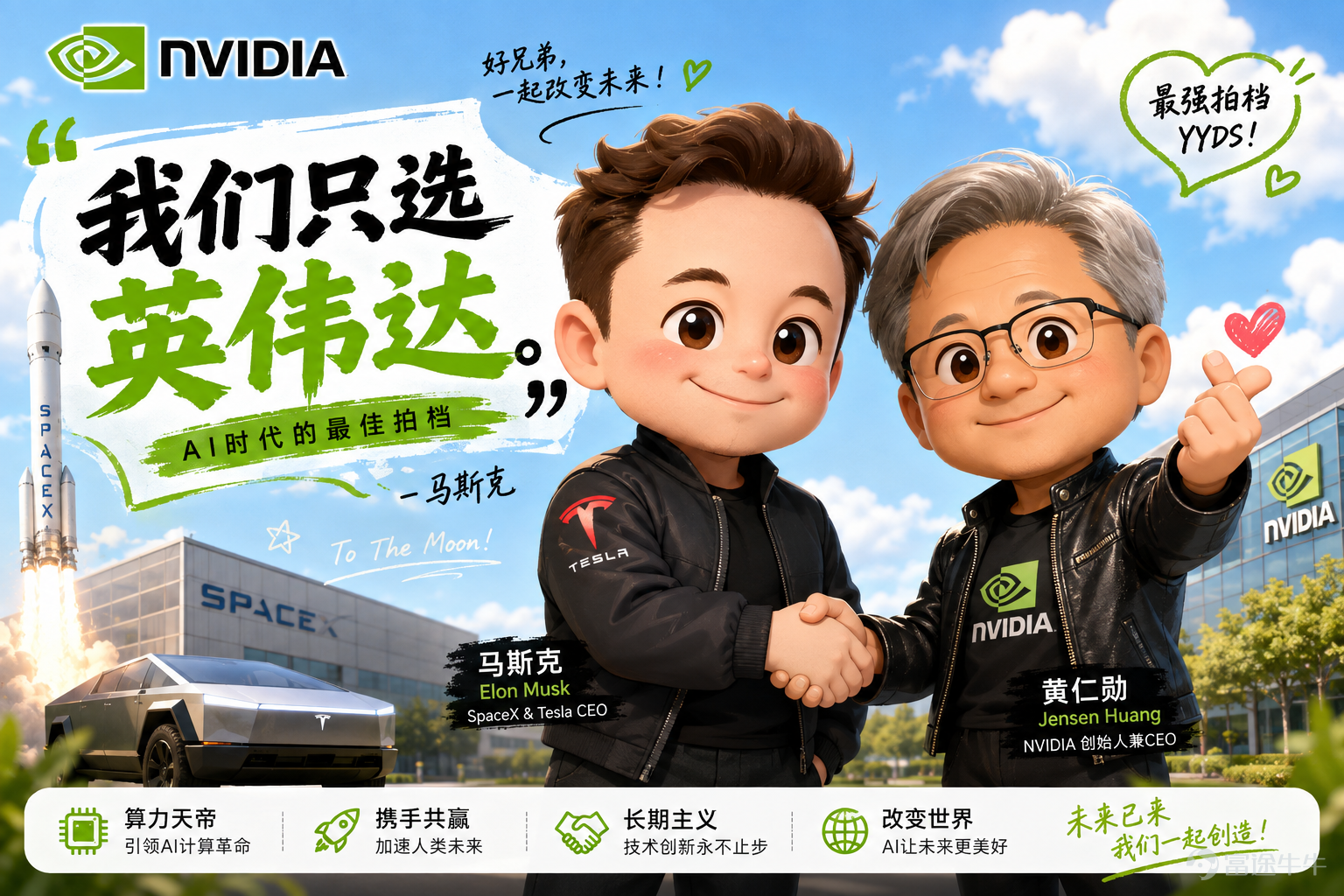 AMD跌7% $美國超微公司 (AMD.US)$ ，SpaceX崩了13% $SpaceX (SPCX.US)$ 谷歌跌4 $谷歌-C (GOOG.US)$ 費城半導體結束四連漲 $費城半導體指數 (.SOX.US)$ 。然後英偉達漲了3.43% $英偉達 (NVDA.US)$ ，日線五連漲，盤中直接幹到222.22，收盤219.22，市值站上5.3萬億美元。成交額342億，全市場第一。 恭迎英偉達天帝！我說白了，這市場現在就兩個劇本：英偉達漲，和其他股票跌。 別人業績超預期被砸盤，英偉達啥也沒幹，就坐在那收作業。 這叫什麼？努力的不如命好的，命好的不如賽道對的。 AI基建的鏟子全捏在它手裏，你跳槽也好，追AI風口也好，最後都得給老黃打工。 這不叫選股，這叫行業命脈壟斷。T0級別。 爲什麼漲？四個字：業績確定性。 英偉達的業績確定性，在現在這個市場裏就是最硬的通貨。美股業績期走到這會兒，資金被各種「超預期但被砸」的劇本整出心理陰影了——PLTR漲完跌，AMD漲完跌，SpaceX虧錢捱揍、賺錢也捱揍。市場現在只信一件事：誰...