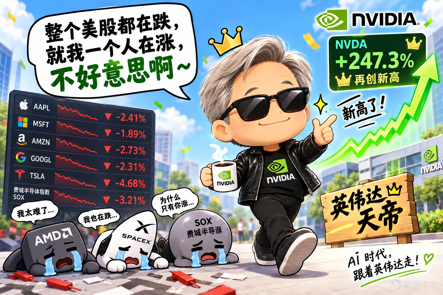 AMD跌7% $美國超微公司 (AMD.US)$ ，SpaceX崩了13% $SpaceX (SPCX.US)$ 谷歌跌4 $谷歌-C (GOOG.US)$ 費城半導體結束四連漲 $費城半導體指數 (.SOX.US)$ 。然後英偉達漲了3.43% $英偉達 (NVDA.US)$ ，日線五連漲，盤中直接幹到222.22，收盤219.22，市值站上5.3萬億美元。成交額342億，全市場第一。 恭迎英偉達天帝！我說白了，這市場現在就兩個劇本：英偉達漲，和其他股票跌。 別人業績超預期被砸盤，英偉達啥也沒幹，就坐在那收作業。 這叫什麼？努力的不如命好的，命好的不如賽道對的。 AI基建的鏟子全捏在它手裏，你跳槽也好，追AI風口也好，最後都得給老黃打工。 這不叫選股，這叫行業命脈壟斷。T0級別。 爲什麼漲？四個字：業績確定性。 英偉達的業績確定性，在現在這個市場裏就是最硬的通貨。美股業績期走到這會兒，資金被各種「超預期但被砸」的劇本整出心理陰影了——PLTR漲完跌，AMD漲完跌，SpaceX虧錢捱揍、賺錢也捱揍。市場現在只信一件事：誰...