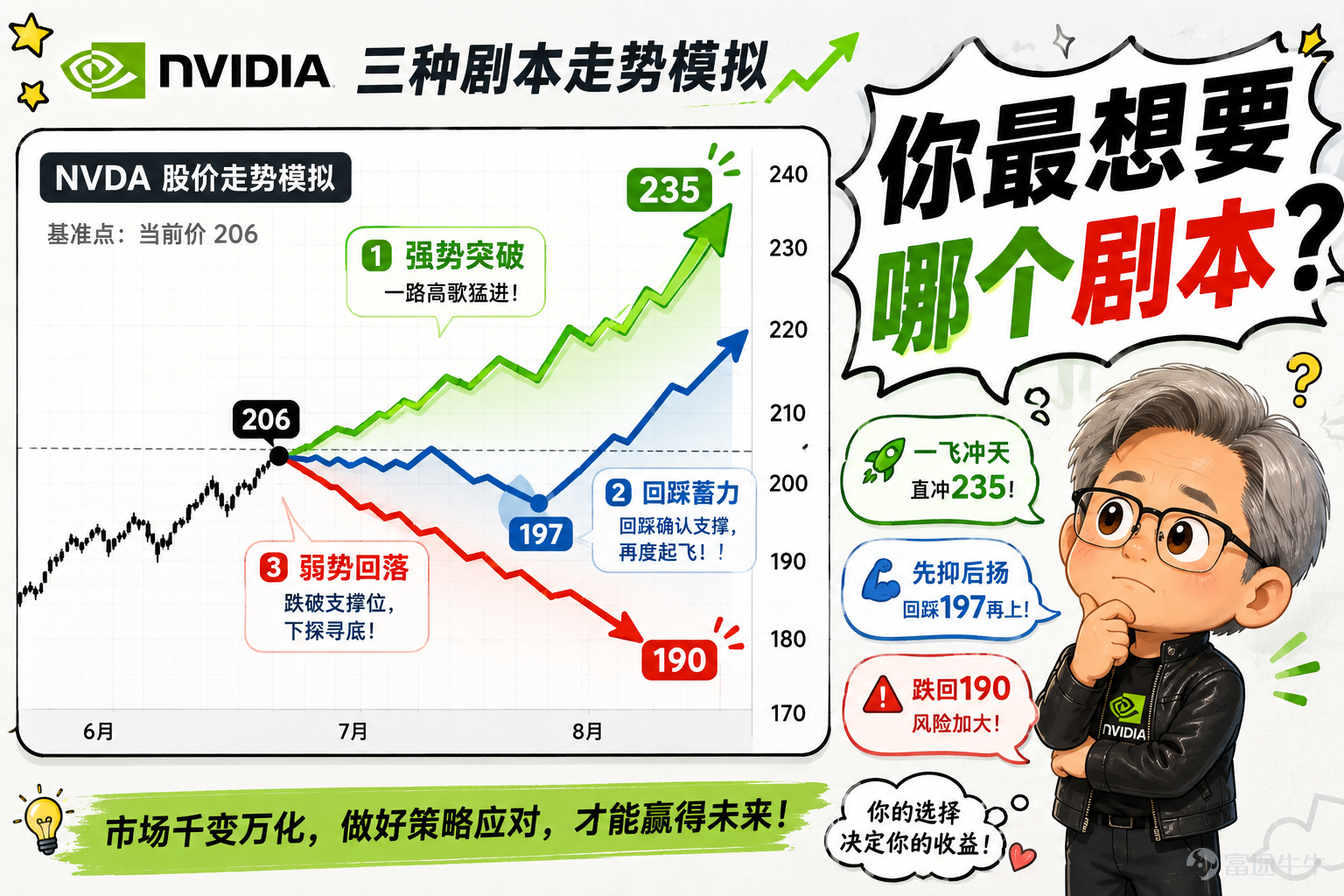 AMD跌7% $美國超微公司 (AMD.US)$ ，SpaceX崩了13% $SpaceX (SPCX.US)$ 谷歌跌4 $谷歌-C (GOOG.US)$ 費城半導體結束四連漲 $費城半導體指數 (.SOX.US)$ 。然後英偉達漲了3.43% $英偉達 (NVDA.US)$ ，日線五連漲，盤中直接幹到222.22，收盤219.22，市值站上5.3萬億美元。成交額342億，全市場第一。 恭迎英偉達天帝！我說白了，這市場現在就兩個劇本：英偉達漲，和其他股票跌。 別人業績超預期被砸盤，英偉達啥也沒幹，就坐在那收作業。 這叫什麼？努力的不如命好的，命好的不如賽道對的。 AI基建的鏟子全捏在它手裏，你跳槽也好，追AI風口也好，最後都得給老黃打工。 這不叫選股，這叫行業命脈壟斷。T0級別。 爲什麼漲？四個字：業績確定性。 英偉達的業績確定性，在現在這個市場裏就是最硬的通貨。美股業績期走到這會兒，資金被各種「超預期但被砸」的劇本整出心理陰影了——PLTR漲完跌，AMD漲完跌，SpaceX虧錢捱揍、賺錢也捱揍。市場現在只信一件事：誰...