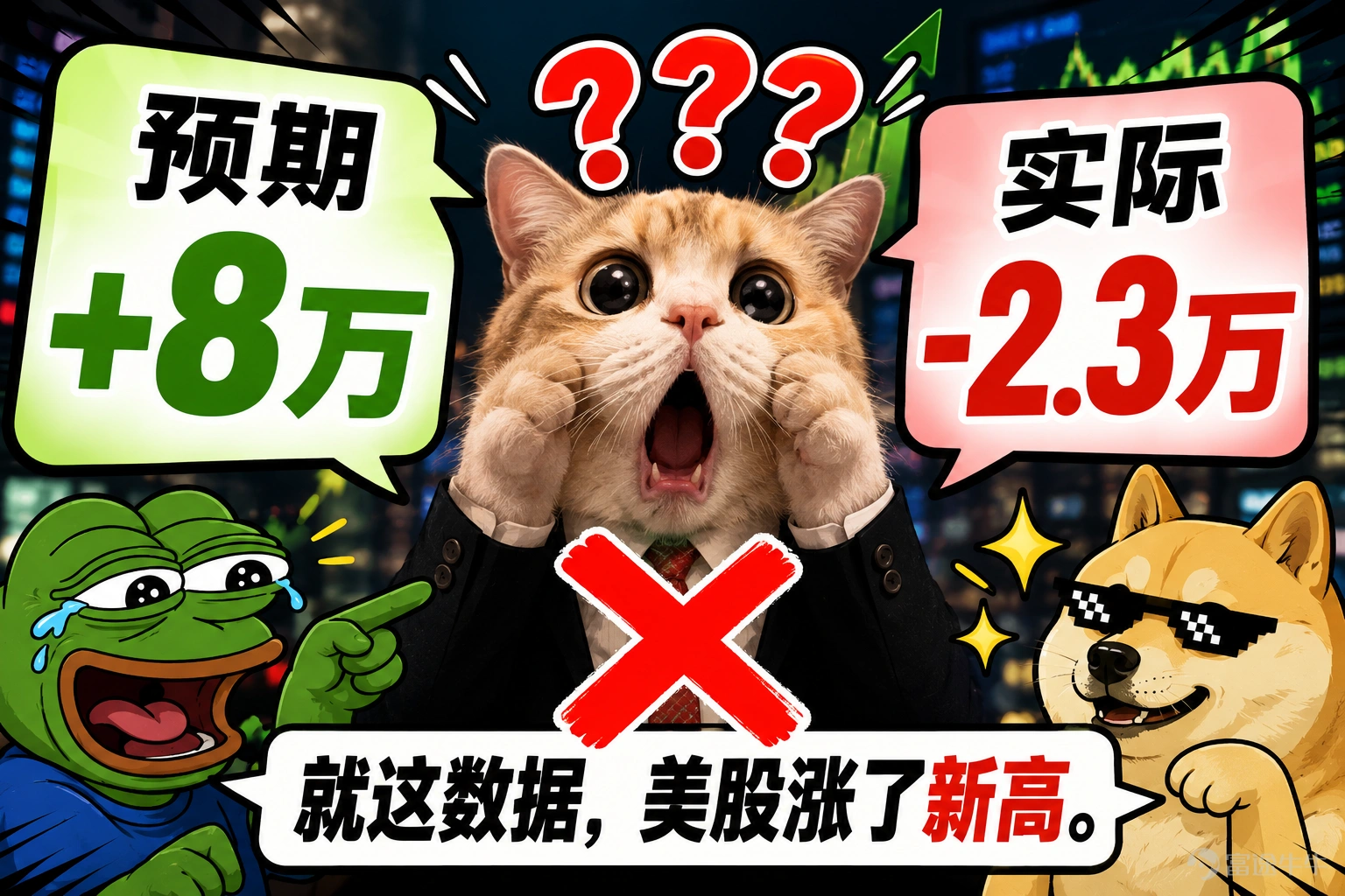 上週五,美國7月非農就業數據出爐——減少2.3萬人,預期是增加8萬人。不僅大幅低於預期,甚至低於所有經濟學家的預測下限。5月和6月的數據還被累計下修了10.3萬人。就業負增長,按理說應該恐慌吧?結果美股漲了。 標普500收報7757.64點,漲0.62%,創歷史收盤新高。納指漲1.3%,道指漲0.28%。三大指數均創4月中旬以來最大單週漲幅——道指累漲2.96%,納指累漲5.19%,標普累漲3.58%。 邏輯是這樣的: 就業弱→加息預期降溫→風險資產狂歡。數據公佈後,9月加息概率從67%暴跌到44%。就業越差,市場越嗨,主打一個「反向指標」。AE Wealth Management首席經濟學家直接懵了:「按理說市場應該對疲軟的就業數據、更高的通脹和經濟增長放緩做出負面反應,但實際情況並非如此,市場反而不斷刷新紀錄,這確實令人費解。」 但是! 狂歡歸狂歡,這周才是真正的「大考」。 週三20:30,美國7月CPI公佈。 路透社調查顯示,經濟學家預計整體CPI同比從6月的3.5%回落至3.4%,核心CPI從2.6%降至2.5%。彭博預測更樂觀——...