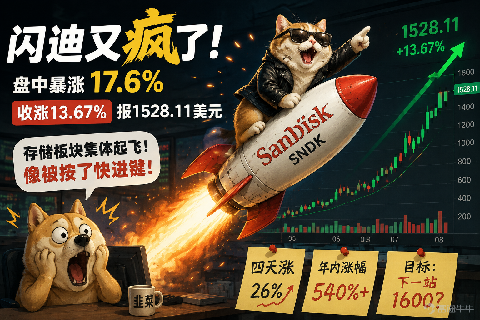 The memory storage sector exploded collectively last night. $SanDisk (SNDK.US)$SanDisk (SNDK) surged as much as 17.6% during intraday trading, closing up 13.67% at $1,528.11.It has accumulated a 26% gain over four trading sessions, with its year-to-date rise breaking through...540%。 $Western Digital (WDC.US)$Western Digital rose more than 7%,$SK hynix (SKHY.US)$SK Hynix rose more than 7%,$Micron Technology (MU.US)$Micron rose more than 4%,$Seagate Technology (STX.US)$Seagate rose nearly 5%The Philadelphia Semiconductor Index joined the rally, with the entire sector seeming to hit the fast-forward button. This was because SanDisk unveiled a 'blueprint' at its Investor Day that sent Wall Street into a frenzy. But let’s leave the fundamental analysis there for now. At current levels, continuing to fixate on narratives like 80% gross margins, NBM long-term contracts, and HBF is akin to ignoring the person standing right in front of you while still scrolling through their social media posts from three years ago.What truly matters next is how the price action unfolds on the charts.For SanDisk, the most critical factors right now are actually justtwo key levels:1,600 on the upside and 1,512 on the downside. Don’t clutter your chart with a dozen lines like Spider-Man’s web; focus on defending these two levels first. 1,600: Are the bulls genuinely bullish, or just talking tough? SanDisk hit an intraday high of $1,579.87 last night. And then what?It failed to break through 1,600.It was just this close. This is very much like scoring 59 on an exam and then explaining to your mom: "Actually, I knew how to do it, I was just careless..."