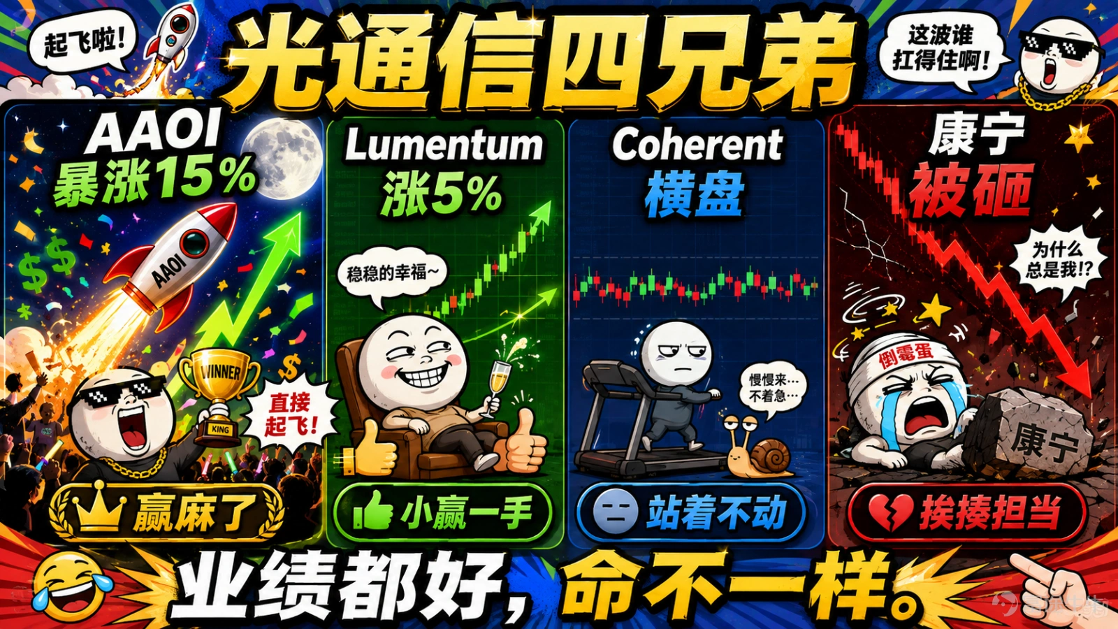 光通信板塊,上週集體交卷。AAOI(AAOI):+15.53% $Applied Optoelectronics (AAOI.US)$ Lumentum(LITE):+6% $Lumentum (LITE.US)$Coherent(COHR):跌了4.69% $Coherent (COHR.US)$ 康寧(GLW):-11% $康寧 (GLW.US)$ 四個公司,業績都好,但股價反應完全不一樣。一個漲瘋了,一個漲了,一個跌了,一個跌麻了。 AAOI:營收新高、虧轉盈,週五直接幹15%$Applied Optoelectronics (AAOI.US)$ AAOI Q2營收1.919億,同比+86%,連續第五個季度歷史新高。Non-GAAP EPS $0.06,去年虧880萬,今年賺550萬。從「我是誰我在哪」到「我又行了」。週五Lumentum業績一炸,AAOI跟着直接飆了15%,收150.28。 Lumentum:營收翻倍,EPS漲267%,還給個超預期指引$Lumentum (LITE.US)$ 營收10.1億,同比+109%,超預期。...