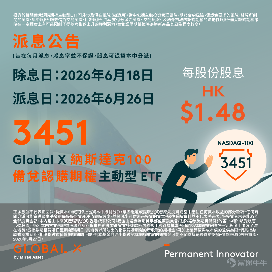 [For Hong Kong investors only] To meet investors' demand for income and hedging against market volatility, Global X ETFs has launched on the Hong Kong Stock ExchangeGlobal X S&P 500 Covered Call Active ETF (3415/9415 $Global X S&P 500 Covered Call Active ETF (03415.HK)$$Global X S&P 500 Covered Call Active ETF (09415.HK)$$S&P 500 Index (.SPX.US)$）andGlobal X Nasdaq 100 Covered Call Active ETF (3451/ 9451) $Global X Nasdaq 100 Covered Call Active ETF (03451.HK)$$Global X Nasdaq 100 Covered Call Active ETF (09451.HK)$$NASDAQ 100 Index (.NDX.US)$ . These ETFs aim to distribute dividends monthly...