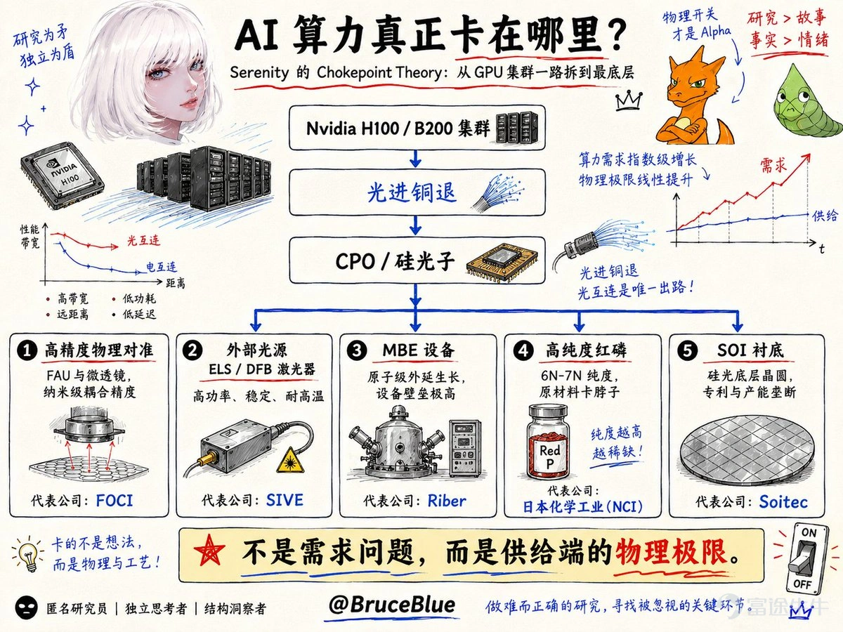 作者:BruceBlue ,前Bing Ventures GP 神祕研究員Serenity是如何在2年間賺到225+收益? 用供應鏈瓶頸理論(Checkpoint Theory)找出AI時代不可替代的物理開關。 用自下而上的供應鏈逆向工程思維(Bottom-Up)找出卡脖子的環節(Choke Points)。 在做任何投資假設之前,會和各種AI模型進行激烈的辯論,找出潛在的漏洞和限制,堪比一場頂級的投資IC。 寫在前面 在過去的幾個月裏,如果你在關注 AI 基礎設施的二級市場,很難避開一個名字:Serenity @aleabitoreddit 一個被 Reddit WallStreetBets (WSB) 永久封禁的前交易員,換了平台,用一個二次元女性頭像,在不到一年的時間裏聚集了超過 30 萬粉絲。他的一條推文能讓 FTSE 250 的成分股在兩天內飆升近 90%,他的研究被彭博和路透引用,甚至有對沖基金在做他的 copytrade。 市場都在驚歎他在過去兩年高達 22,561.99% 的收益率,或者質疑他那...
