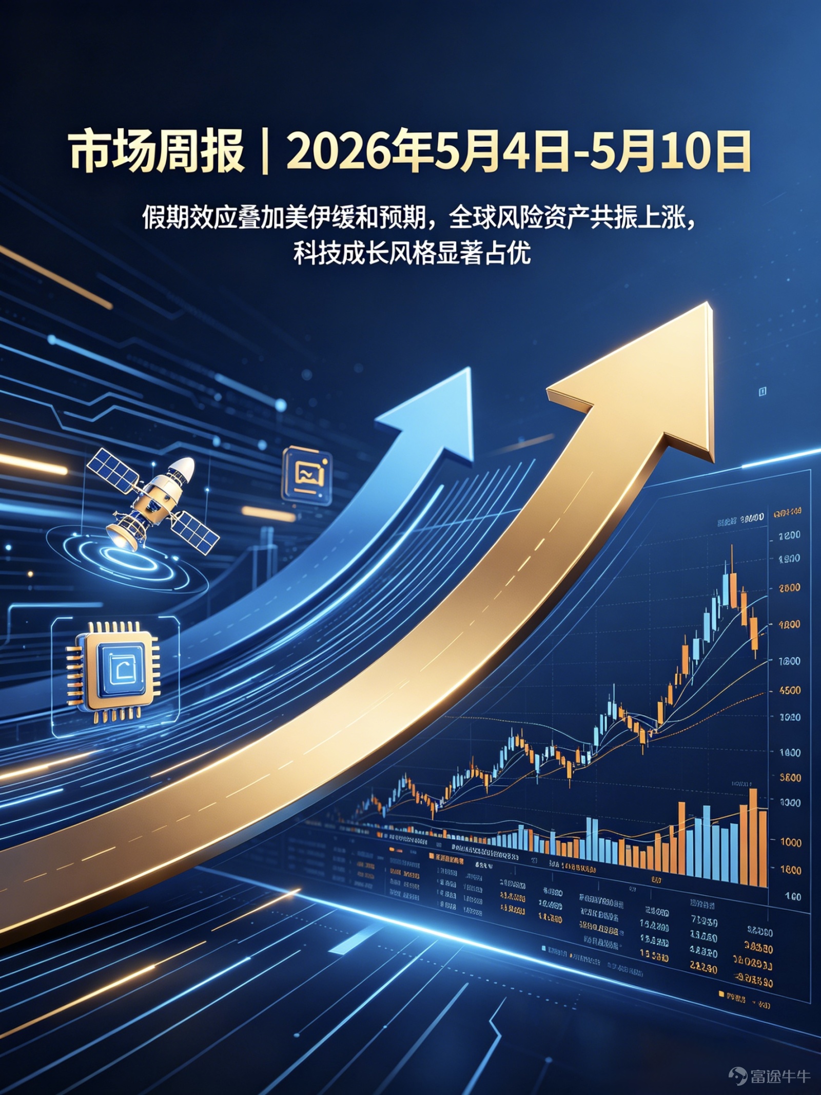 假期效應疊加美伊緩和預期，全球風險資產共振上漲，科技成長風格顯著佔優 一、全球宏觀經濟概覽 本週全球市場受五一假期錯位影響，交易節奏有所分化——內地5月1日至5日休市、僅有3個交易日（5月6-8日），港股5月1日休市後5月4日即恢復交易（4個交易日），美股全周正常交易。儘管交易日縮短，市場活躍度不降反升，全球風險偏好延續修復。 宏觀層面有兩條主線：一是美伊局勢邊際緩和，5月6日特朗普表示戰事"很有可能結束"，雙方正接近達成協議，市場對地緣風險的定價進一步脫敏，布倫特原油單週大跌11.8%，風險溢價快速回吐；二是美國4月非農數據偏弱，新增就業11.5萬人（前值17.8萬），失業率維持4.3%，工資增速疲軟，市場對年內減息25bp的預期小幅回升，但利率不變仍是主流定價（概率約80%）。 國內方面，4月PPI同比大幅回升至+2.8%，環比+1.7%創2023年以來新高，主要受油價上漲的輸入性因素推動。節後A股放量上漲，日均成交額突破3.16萬億元，環比節前放量超5300億元，央行開展3000億元3個月期買斷式逆回購操作，流動性環境友好。 二、全球大類資...