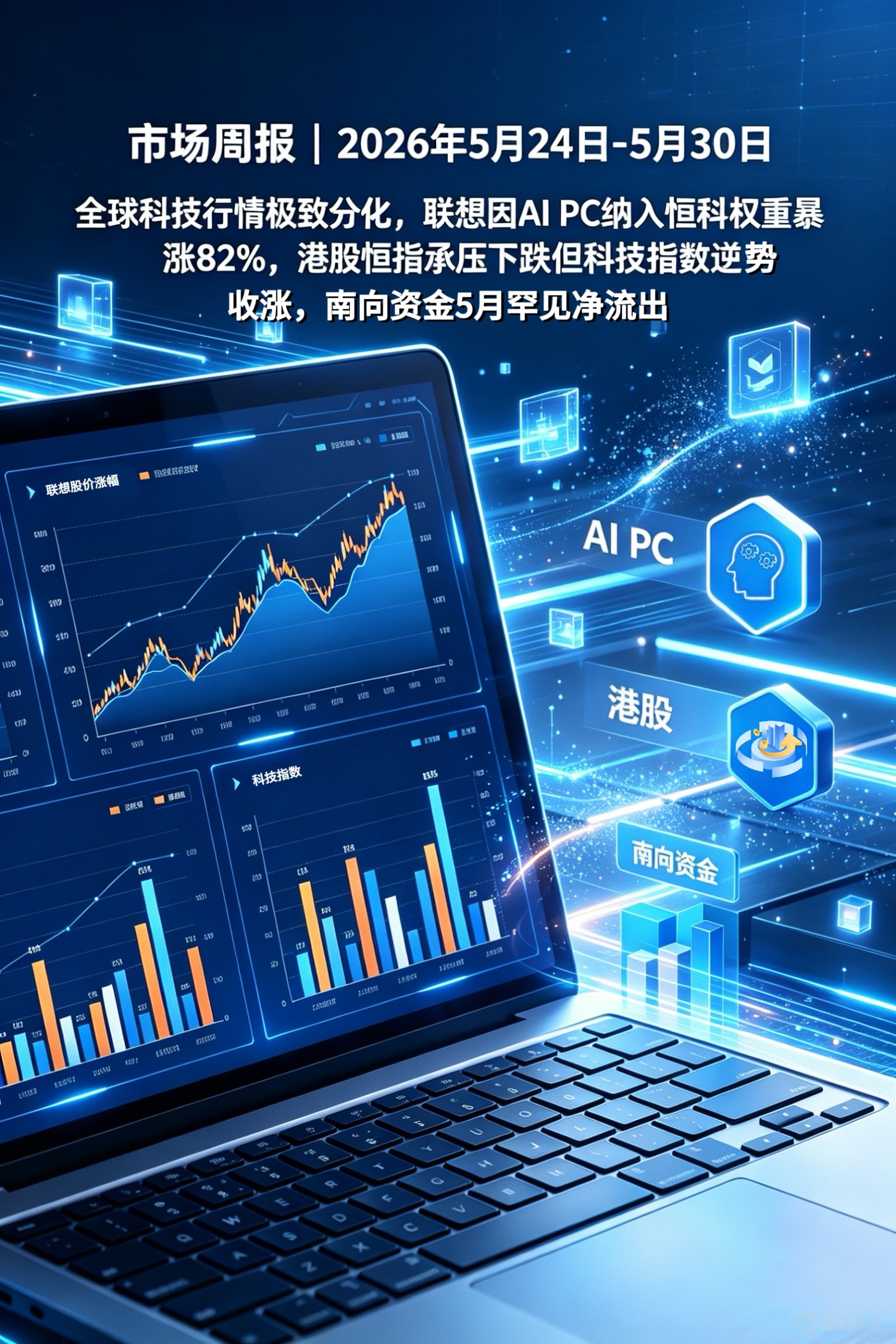 Global tech markets exhibited extreme divergence: Lenovo Group surged 82% after its AI PCs led to inclusion in the Hang Seng Tech Index, while the Hang Seng Index declined under pressure; however, the tech sub-index posted gains against the broader market trend. Southbound capital flows recorded rare net outflows in May. 1. Overview of the Global Macroeconomy The dominant theme in global markets this week can be summarized as"Silicon-based inflation, carbon-based deflation"—All assets tied to AI, computing power, and semiconductors rallied across the board, while traditional economy and consumer-related assets remained under persistent pressure. This extreme divergence was not limited to A-shares but was also fully evident in U.S., Japanese, and Korean equity markets. In the United States,Q1 GDP annualized quarter-over-quarter growth was revised downward to +1.6%(released on May 28), slightly below the initial estimate, though the labor market remained resilient.The yield on the 10-year U.S. Treasury note fell by 11 basis points over the week to 4.45%., reflecting a marginal weakening in market expectations for economic growth.The US Dollar Index edged down slightly to 98.93, posting a weekly decline of -0.39%。 In the Asia-Pacific region,the Nikkei 225 surged by +4.72% this week，and South Korea's KOSPI index soared by +8.01%, both benefiting from the global spread of AI and semiconductor-related market momentum.Taiwan's weighted index broke above the 44,000 mark intraday, hitting a record high, closing at 44,732.94 on Friday. Domestically,The State Council issued the '15th Five-Year Plan for Urban Renewal', outlining six key tasks including fostering and expanding new drivers of CityDev, and specifying 14 major projects such as the construction and renovation of 'high-quality housing' and upgrades to municipal infrastructure.Huawei proposed the 'Tao's Law', exploring chips...