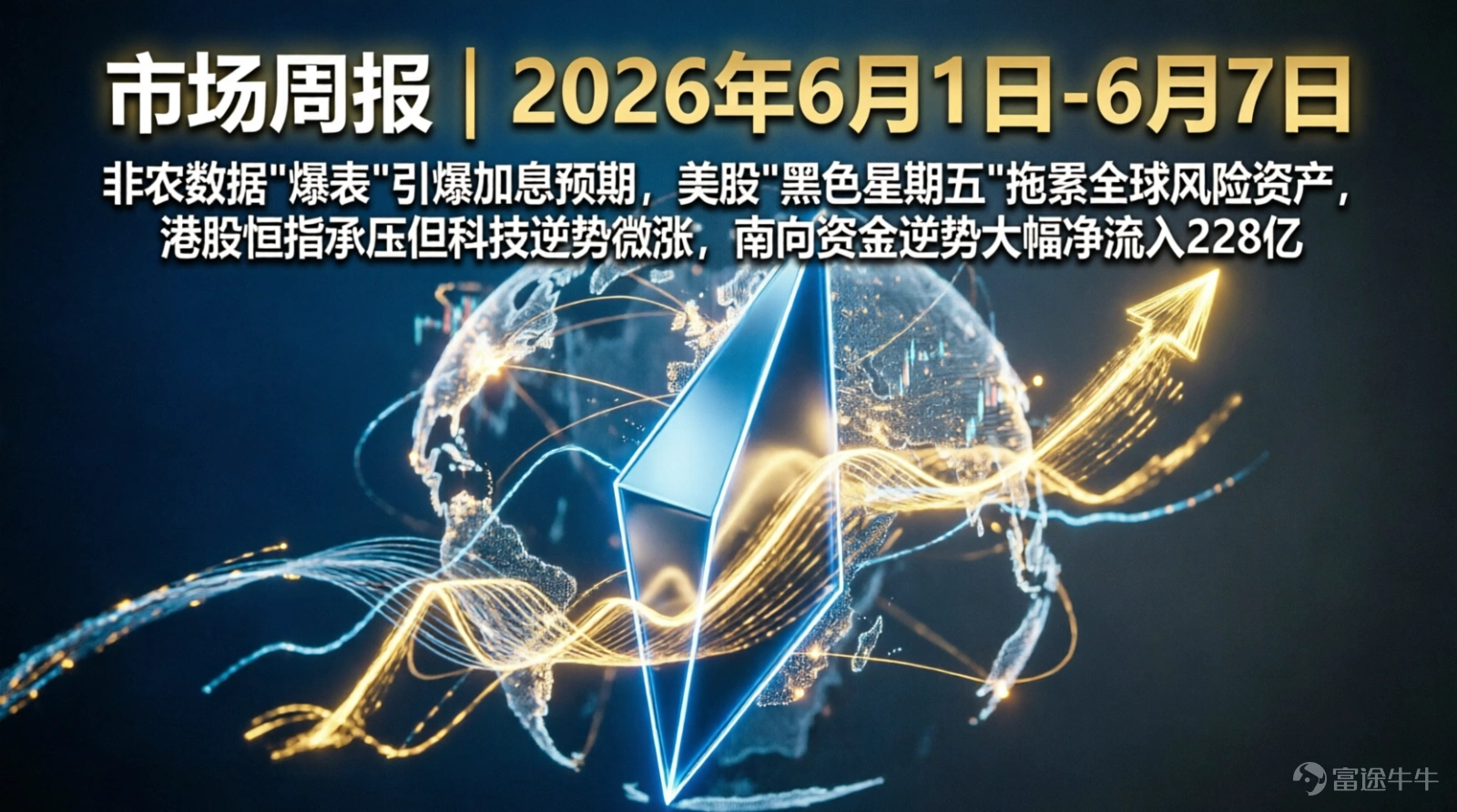 非農數據"爆表"引爆加息預期,美股"黑色星期五"拖累全球風險資產,港股恒指承壓但科技逆勢微漲,南向資金逆勢大幅淨流入228億 一、全球宏觀經濟概覽 本週全球市場的核心主題是"加息預期重燃"——美國5月非農就業數據大幅超預期,成爲引爆全球風險資產調整的導火索,美股科技股遭遇"黑色星期五",亞太市場韓國KOSPI觸發熔斷,黃金單日暴跌超3%。 美國方面,2026年5月非農就業新增17.2萬人,遠超市場預期的8.5萬人,且前兩月合計上修9.3萬人,近三個月平均新增就業高達18.8萬人。失業率維持4.3%,勞動參與率61.8%持平。數據公佈後,市場完全計入聯儲局年內加息一次,10月加息概率升至63%,利率期貨隱含的12月加息次數從0.67升至1.03。聯儲局新主席沃什將於6月中旬首次主持FOMC會議,市場預計會議上將"放鷹"以避免通脹預期抬頭。 亞太方面,韓國KOSPI指數2026年6月5日暴跌-5.54%至8160.59點,盤中一度觸發熔斷機制,爲2020年以來首次因大跌觸發熔斷。日經225指數6月5日下跌-1.31%至66588.12點。 國內方面,A...