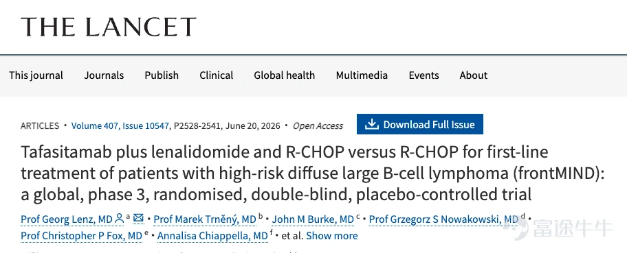 The international top-tier medical journal The Lancet recently published results from the global Phase III frontMIND study evaluating tafasitamab combination therapy in patients with previously untreated diffuse large B-cell lymphoma (DLBCL). The results showed that, compared with the standard R-CHOP regimen, the tafasitamab plus lenalidomide and R-CHOP regimen (tafa-Len-R-CHOP) reduced the risk of disease progression or death by 25% and significantly improved progression-free survival. Post-hoc analysis in patients confirmed as having DLBCL following central pathology review demonstrated even more pronounced clinical benefit. The frontMIND study is a randomized, double-blind, placebo-controlled international multicenter trial designed to identify a first-line treatment regimen with superior efficacy and safety compared to R-CHOP. After a median follow-up of 35.2 months, the tafa-len-R-CHOP regimen reduced the risk of disease progression or death by 25% compared to R-CHOP (hazard ratio HR=0.75, P=0.0194), increasing the 2-year progression-free survival (PFS) rate by 8.2% and the 3-year PFS rate by 6.6%. Across all pre-specified subgroups, the tafa-Len-R-CHOP regimen consistently demonstrated a trend toward improved progression-free survival, including across lymphoma subtypes confirmed by central laboratory testing and molecular subtypes based on cell-of-origin (COO)—namely activated B-cell-like (ABC) and germinal...