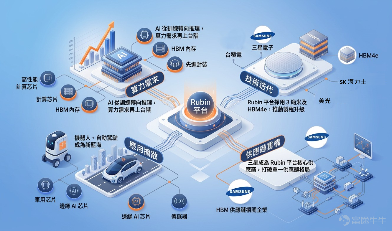 萬眾矚目的 $英偉達 (NVDA.US)$ GTC大會在矽谷拉開帷幕。創始人兼CEO黃仁勳發表了長達兩小時的主題演講，為全球投資者描繪了一幅由人工智能驅動的未來藍圖。這場被譽為「AI界春晚」的盛會，不僅展示了技術的飛躍，更向市場傳遞了一個明確信號：半導體行業正處於一個長達數年的超級周期起點。  黃仁勳說了什麼？三大核心要點 1. 全新芯片架構Vera Rubin平台震撼發布 黃仁勳正式宣布推出新一代AI芯片架構——Rubin平台，這是繼Hopper、Blackwell之後的又一次重大升級。Rubin平台將採用台積電的3納米製程工藝，搭配HBM4高頻寬內存，性能預計將在現有基礎上提升數倍。值得注意的是，Rubin平台將首次全面採用三星電子的HBM4e內存，這一合作關係的深化，對三星半導體業務是重大利好。  2. AI從「訓練」走向「推理」，算力需求幾何級增長  黃仁勳強調，AI的發展已從模型訓練階段，全面轉向規模化部署的「推理」階段。未來每個企業、每個應用都將內嵌AI推理能力，這將帶來比訓練階段更龐大、更持續的算力需求。他預測，未來五...