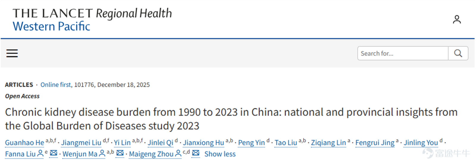 很多人提到「腎病」，腦海裏浮現的往往是透析、尿毒症、腎移植。但腎臟作爲承擔過濾代謝廢物、調節體液與電解質平衡、維持內環境穩定等關鍵功能的重要器官，並非只在疾病終末期才與健康相關。事實上，慢性腎臟病（CKD）體現的是腎臟核心功能持續受損的一組疾病狀態，而非單一的指標異常，其往往長期、持續地對人體產生系統性、全方位的影響。 近日，《The Lancet Regional Health》發表了題爲《Chronic kidney disease burden from 1990 to 2023 in China: national and provincial insights from the Global Burden of Diseases study 2023》（1990-2023 年中國慢性腎臟病疾病負擔：2023 年全球疾病負擔研究（GBD 2023）中國家及省級層面核心見解）的研究。該研究基於GBD 2023數據，對中國慢性腎臟病在過去三十餘年的流行趨勢、死亡負擔及區域差異進行了系統評估，爲理解中國CKD防治的現實處境...